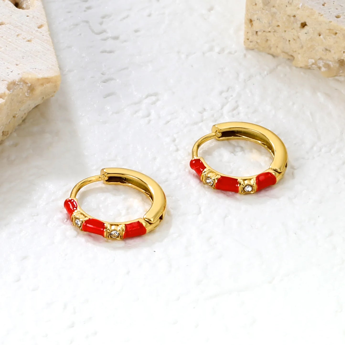 ✨ Wholesale Gold Bamboo Hoop Earrings 14x13.4mm | Green/Red Enamel & Plain | Stainless Steel Hypoallergenic