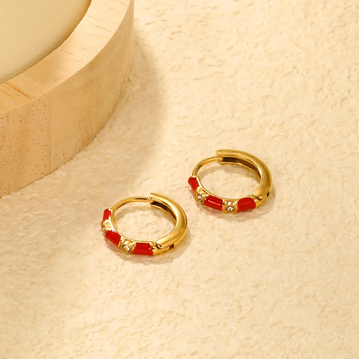 ✨ Wholesale Gold Bamboo Hoop Earrings 14x13.4mm | Green/Red Enamel & Plain | Stainless Steel Hypoallergenic