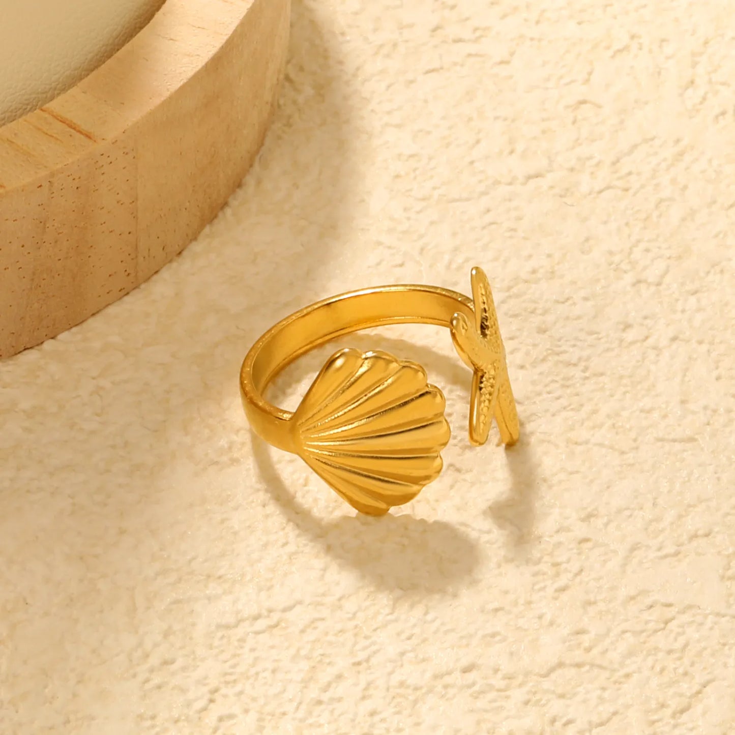 ⨠Wholesale Gold Beach Rings: Shell+Starfish 14.2mm & Double Starfish 20.1mm | Open Adjustable | Stainless Steel
