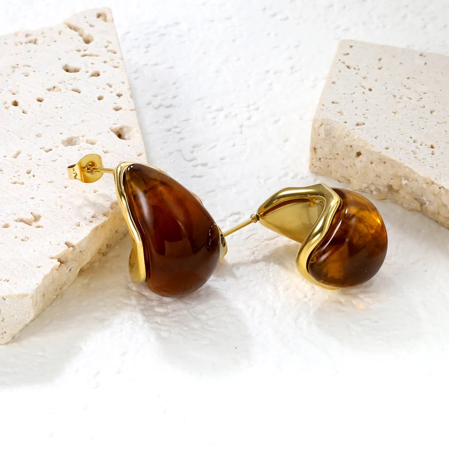 ✨ Wholesale Gold Teardrop Resin Studs 15.2x23.5mm | White/Amber Resin | Stainless Steel Hypoallergenic