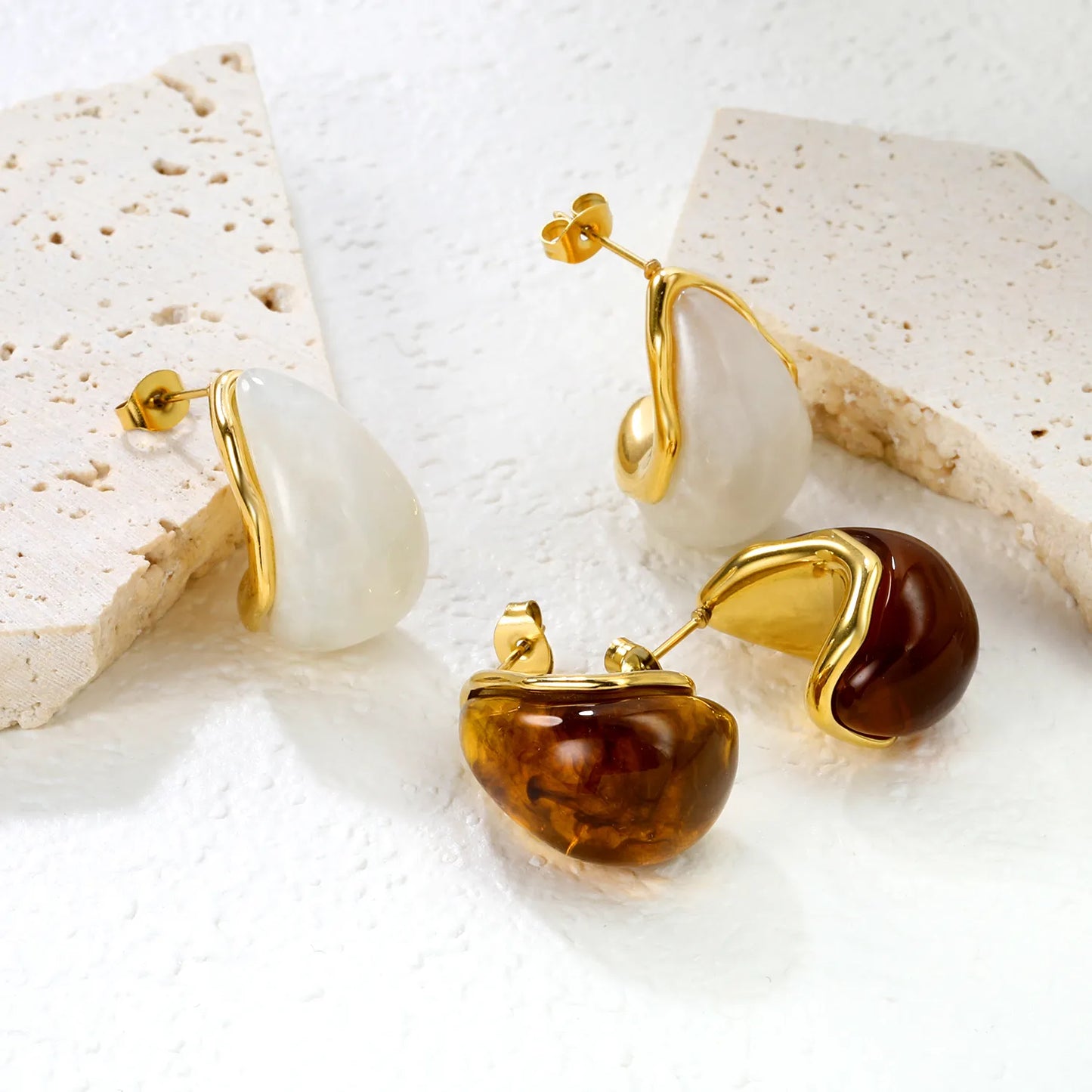 ✨ Wholesale Gold Teardrop Resin Studs 15.2x23.5mm | White/Amber Resin | Stainless Steel Hypoallergenic