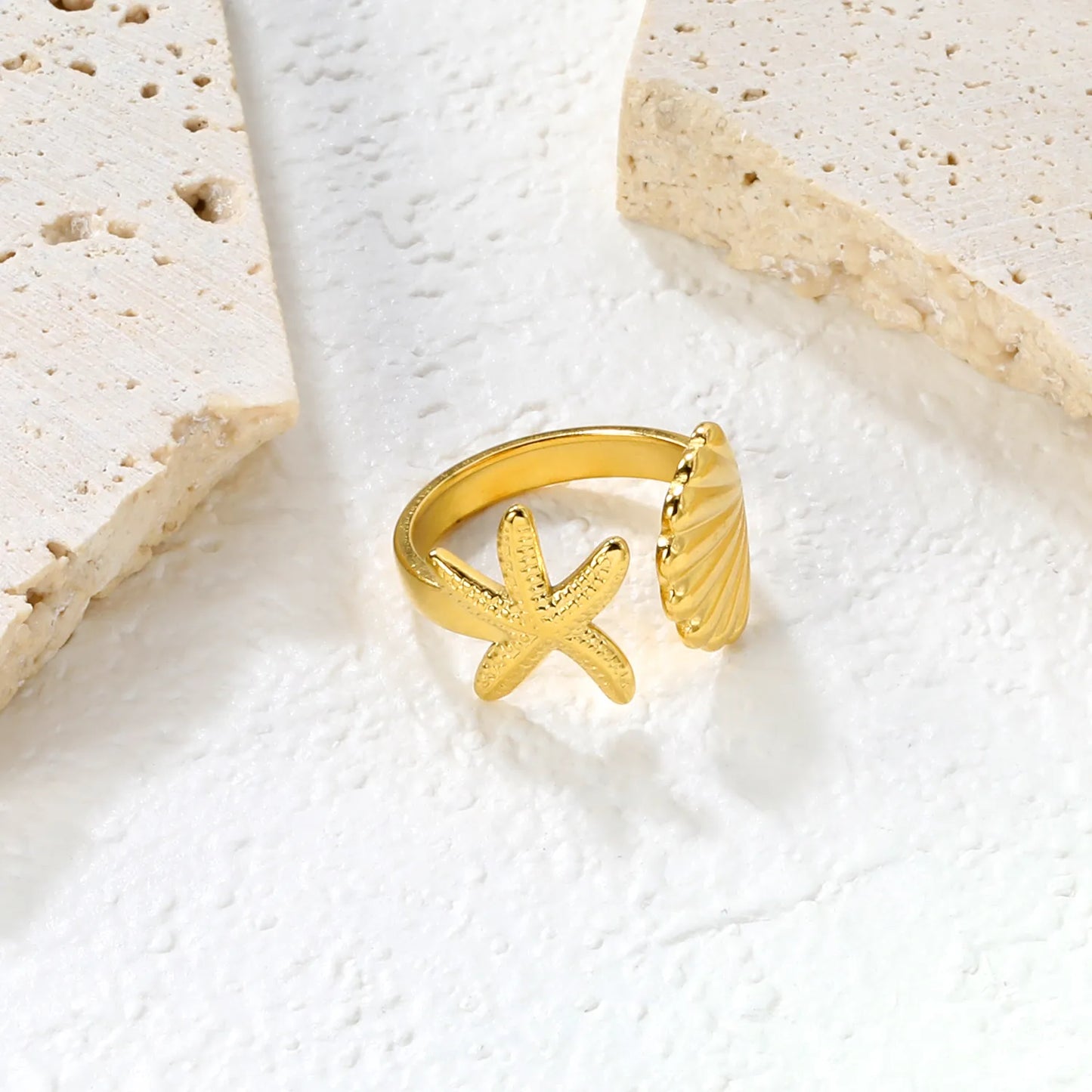 ⨠Wholesale Gold Beach Rings: Shell+Starfish 14.2mm & Double Starfish 20.1mm | Open Adjustable | Stainless Steel