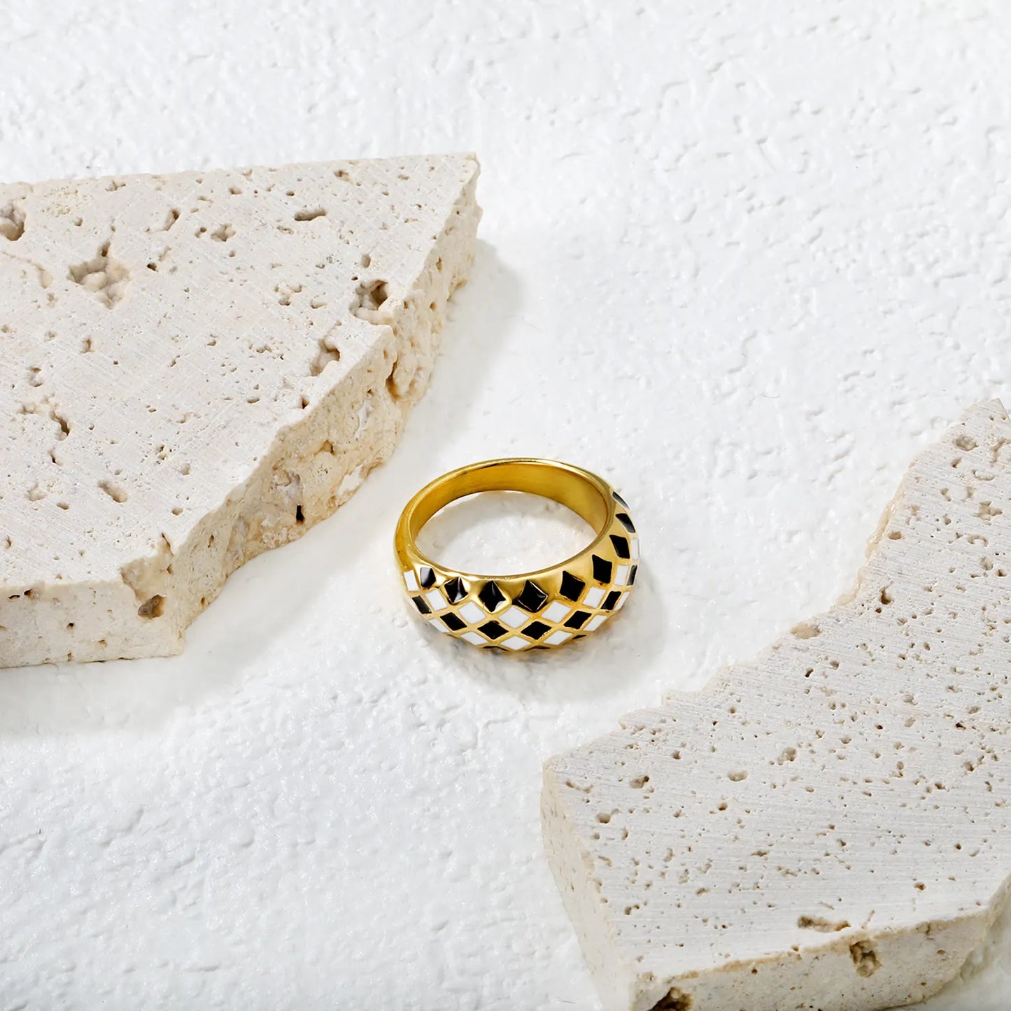 ♠️ Wholesale Checker Gold Ring | 7.8mm B&W Diamond | Steel