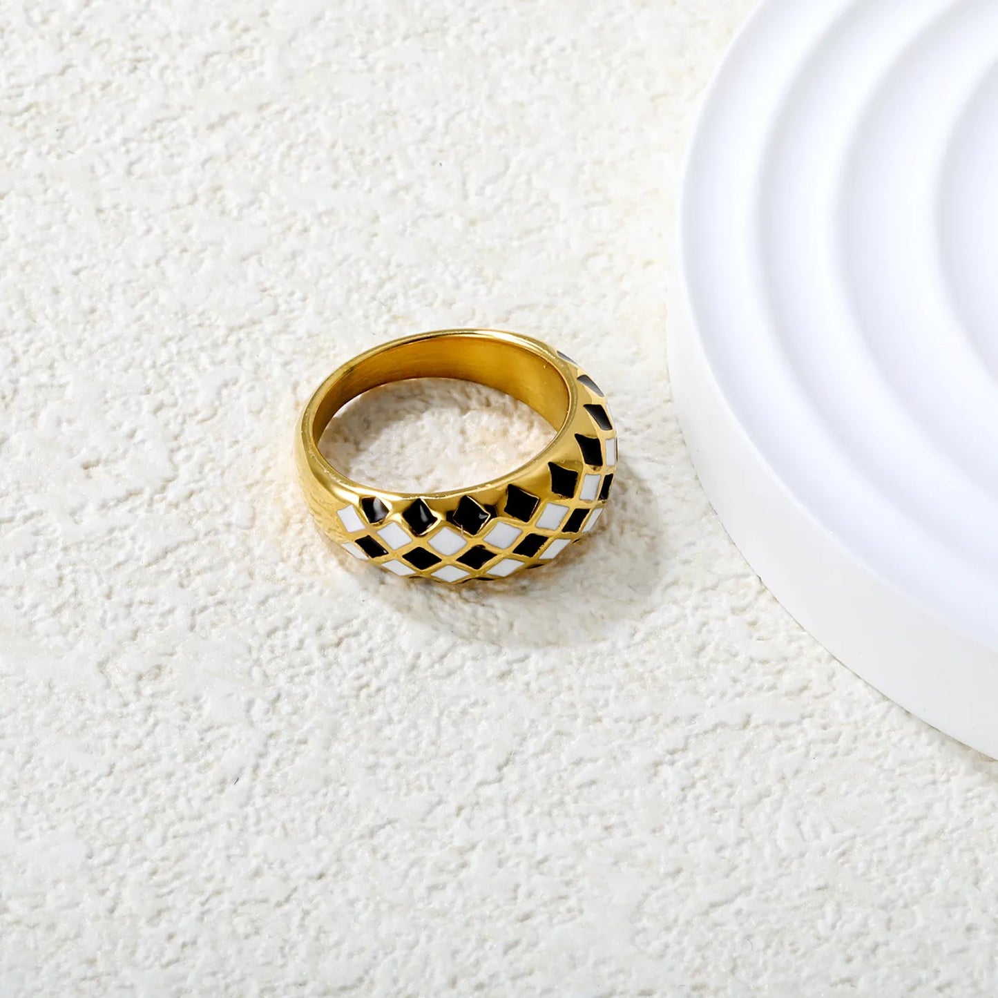 ♠️ Wholesale Checker Gold Ring | 7.8mm B&W Diamond | Steel