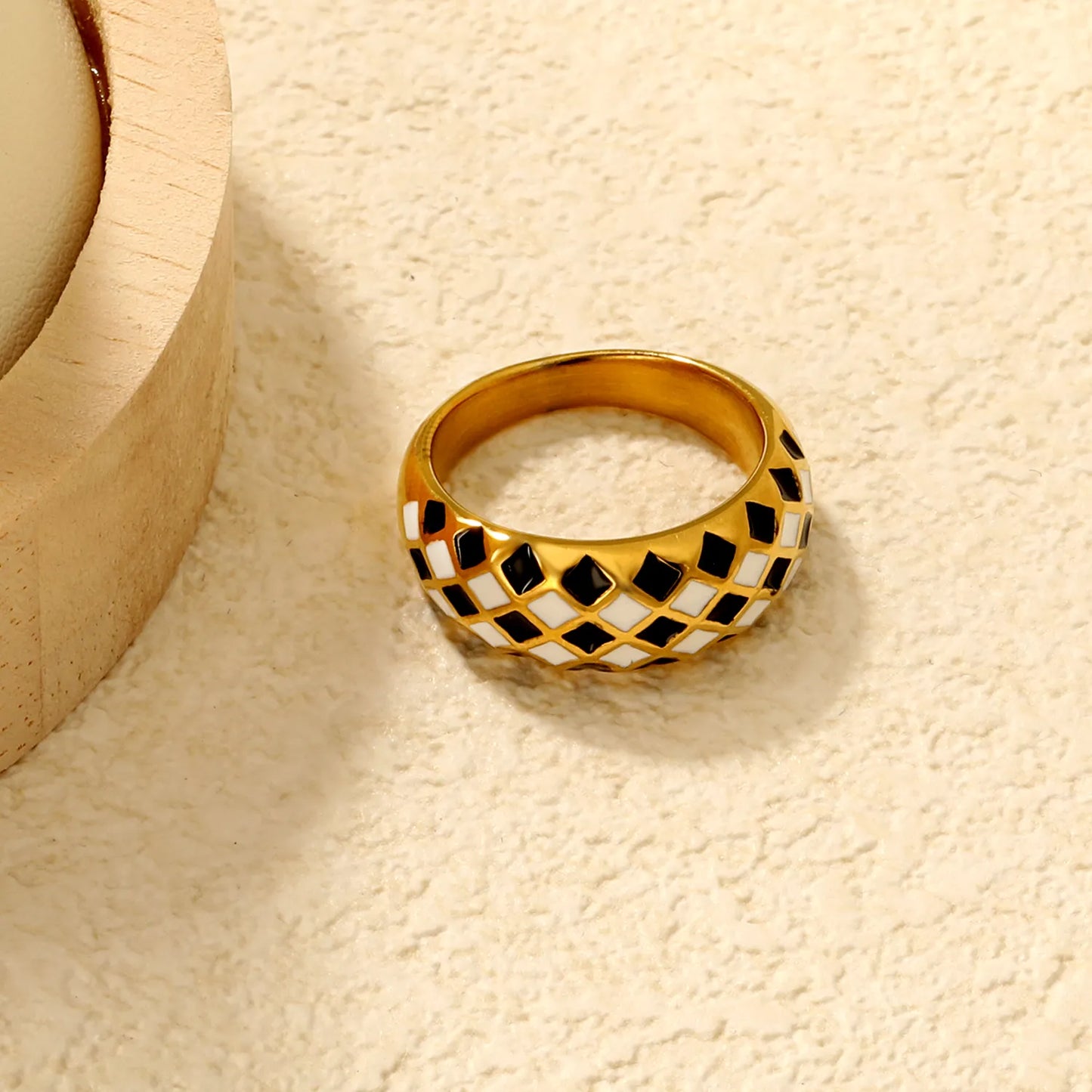 ♠️ Wholesale Checker Gold Ring | 7.8mm B&W Diamond | Steel