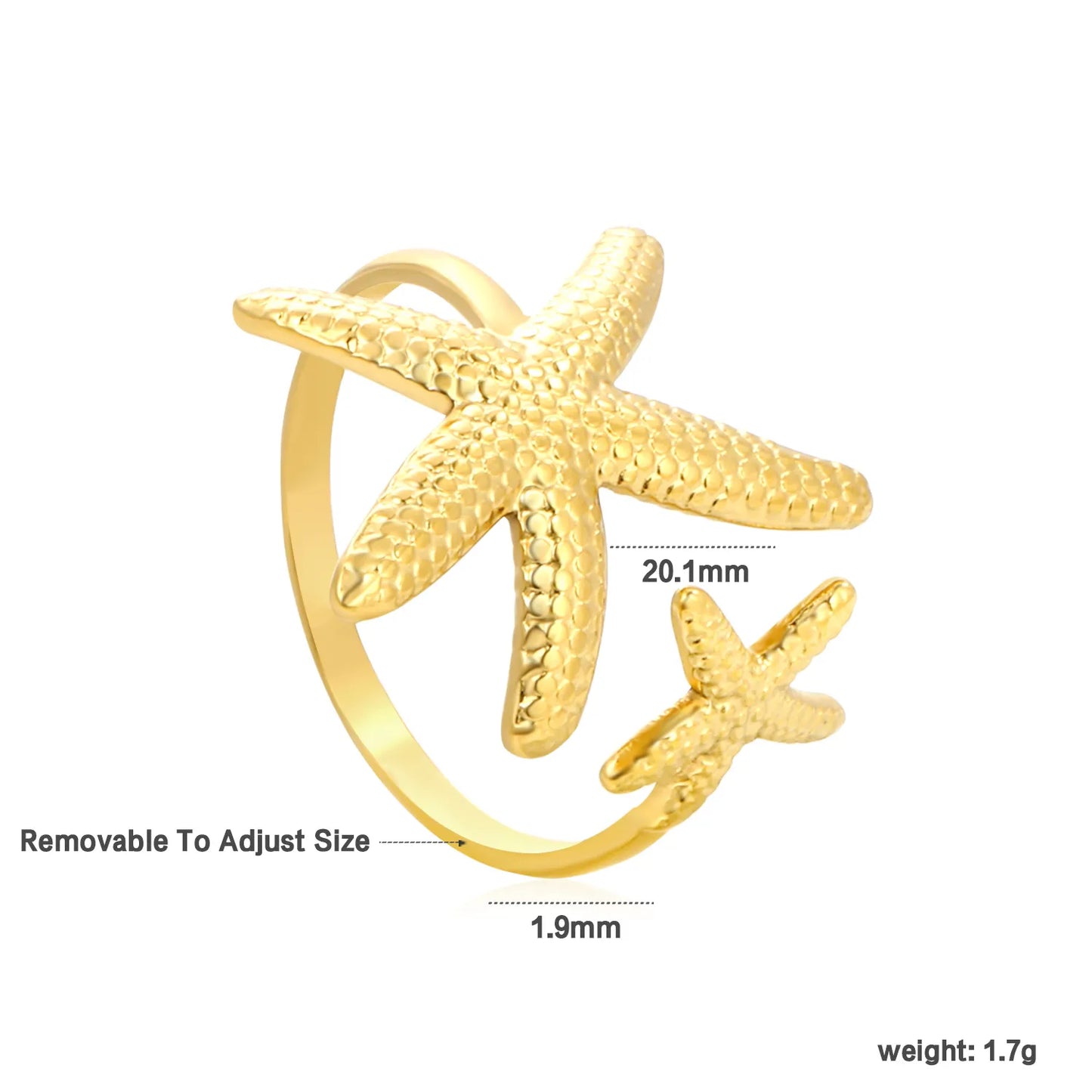 ⨠Wholesale Gold Beach Rings: Shell+Starfish 14.2mm & Double Starfish 20.1mm | Open Adjustable | Stainless Steel