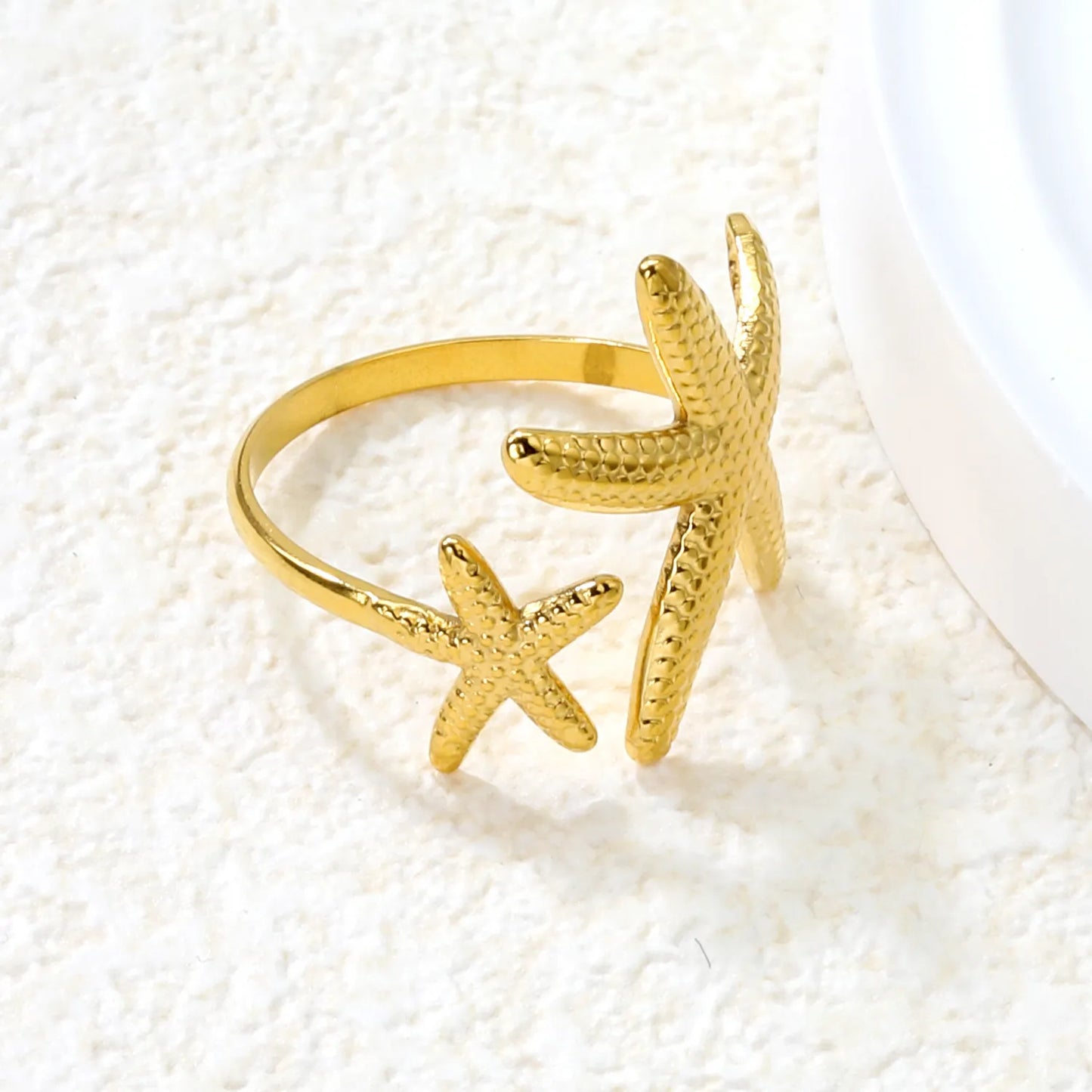 ⨠Wholesale Gold Beach Rings: Shell+Starfish 14.2mm & Double Starfish 20.1mm | Open Adjustable | Stainless Steel