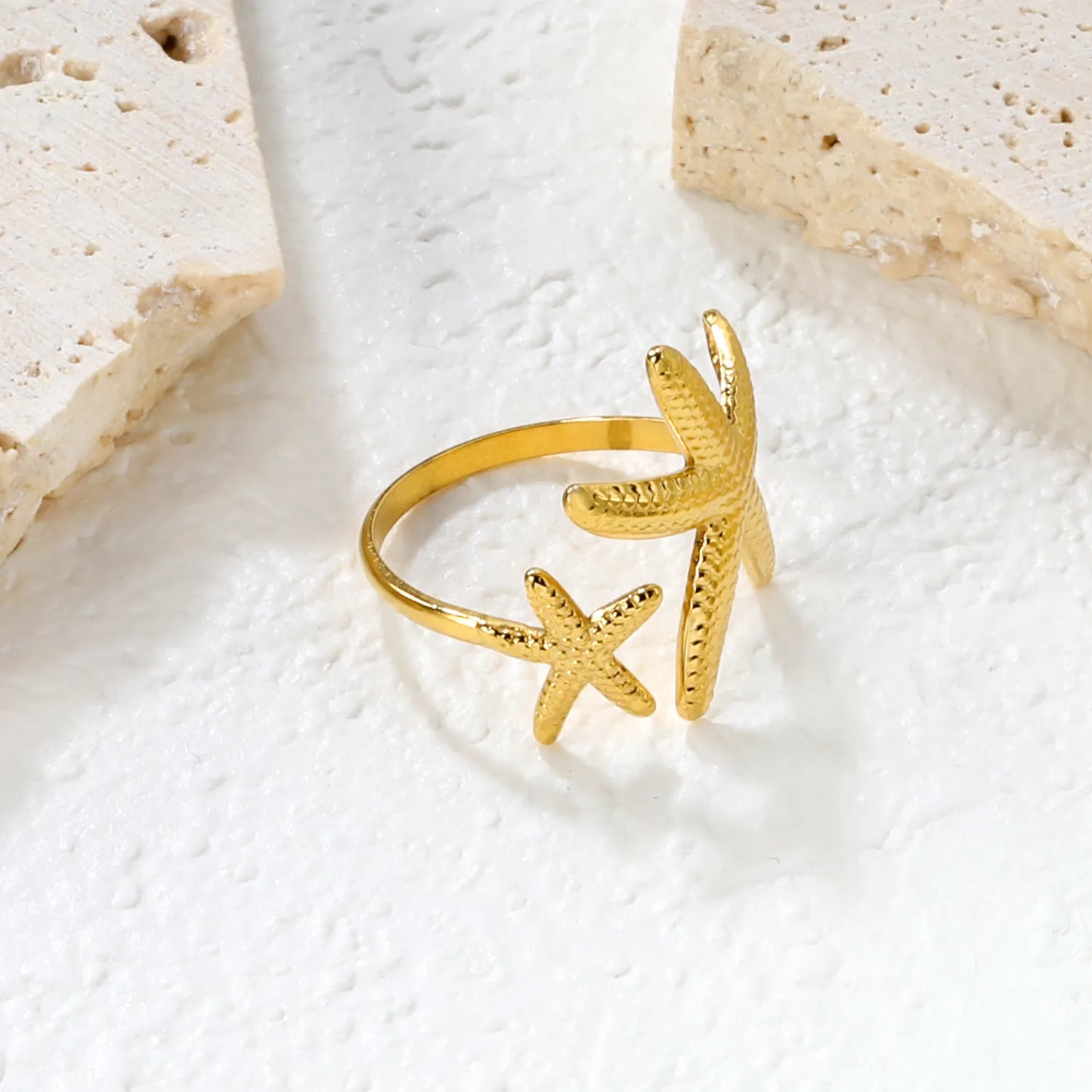 ⨠Wholesale Gold Beach Rings: Shell+Starfish 14.2mm & Double Starfish 20.1mm | Open Adjustable | Stainless Steel