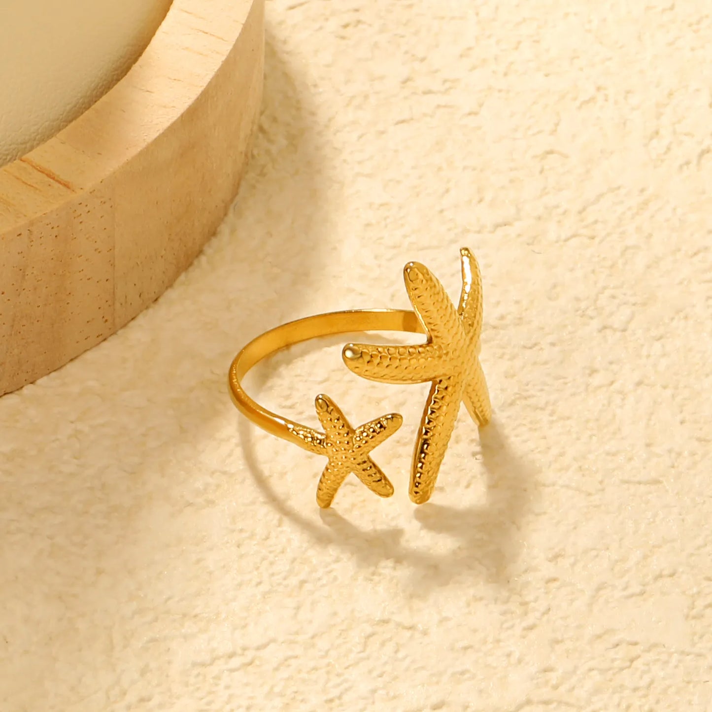 ⨠Wholesale Gold Beach Rings: Shell+Starfish 14.2mm & Double Starfish 20.1mm | Open Adjustable | Stainless Steel