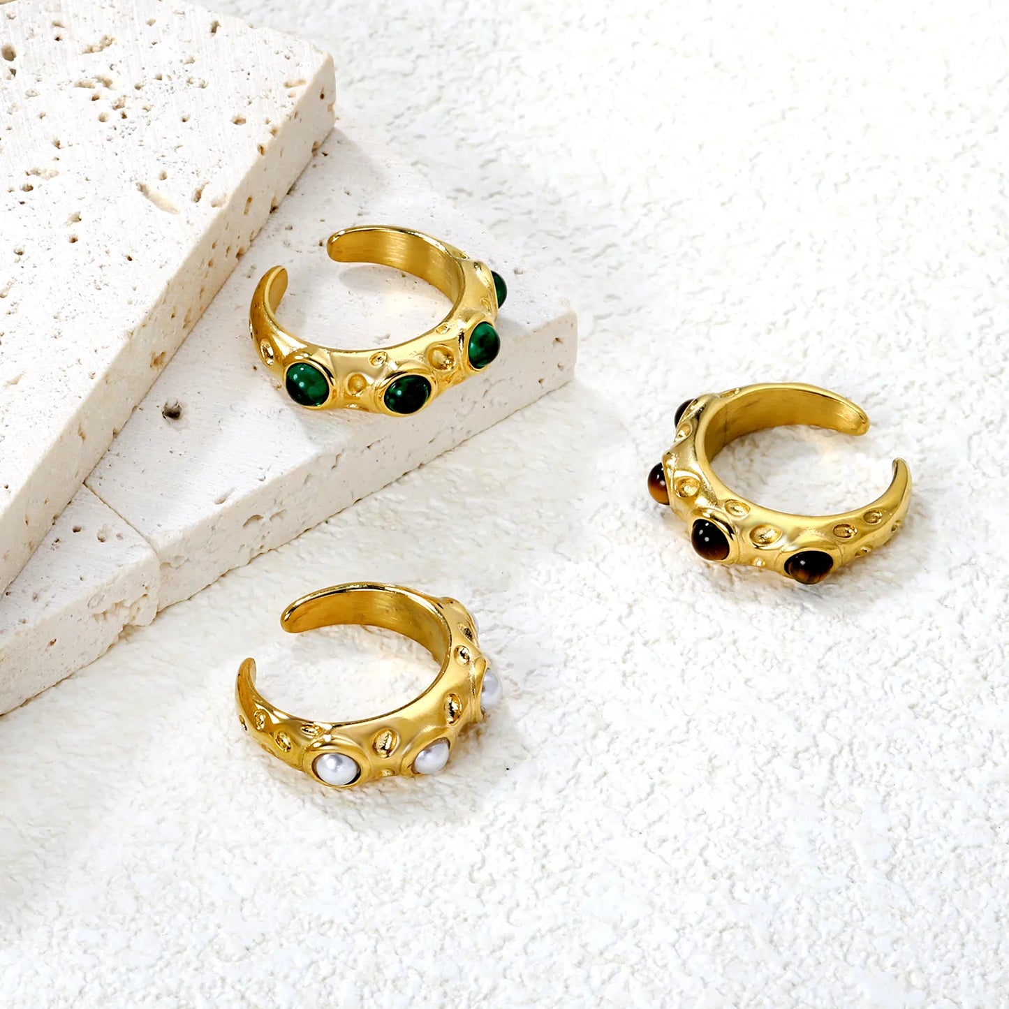 ✨ 18K Gold PVD 7mm High Irregular Hammered Pattern Open Rings inlaid with white pearls Wholesale (MOQ 12+) | Stainless Steel Hypoallergenic Bands 🌍 | Stackable & Statement Rings