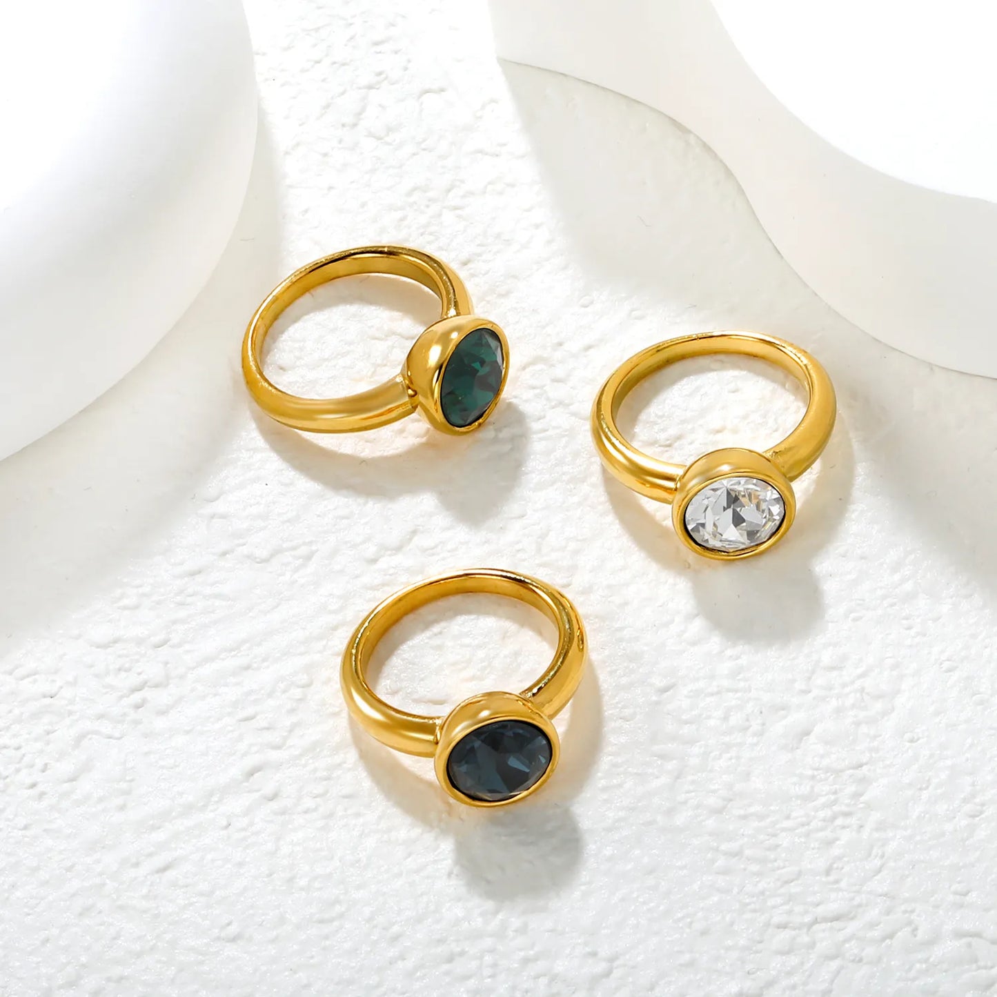 ✨ Wholesale Gold Stainless Steel Swarovski Crystal Ring | 10.2mm Royal Blue/White/Emerald Round Drill | Luxury Statement Ring for Bulk Orders