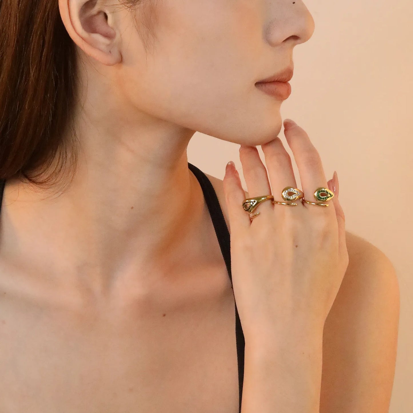 ✨ Wholesale Gold Stainless Steel Open Cuff Ring | 12mm Hollow Teardrop Design | Emerald/ Royal Blue/ White Zirconia | Adjustable Statement Ring