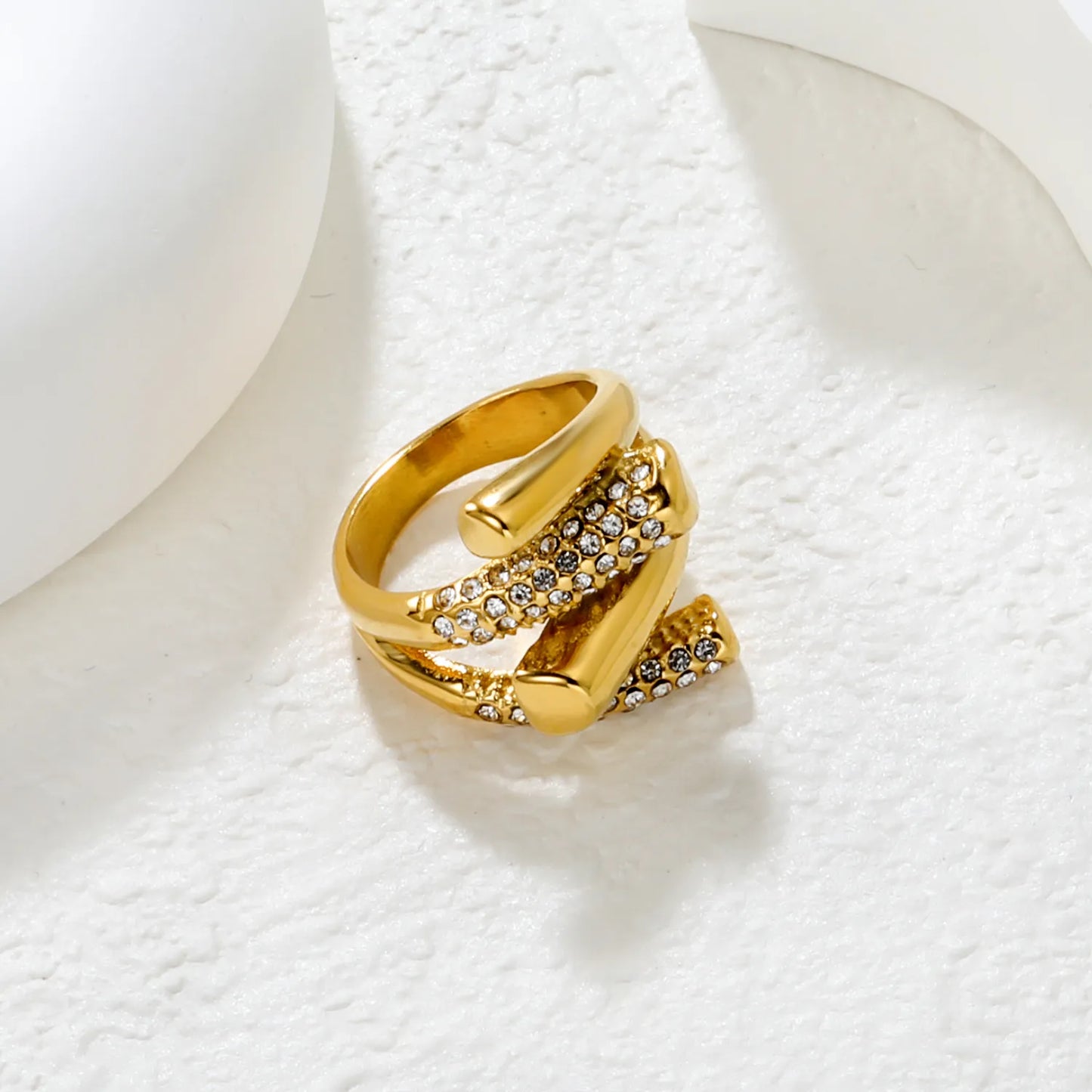 ✨ Wholesale Gold Stainless Steel Double V-Cross Ring | 19mm Wide Band with Simulated Czech White Zirconia | Bold Statement Ring