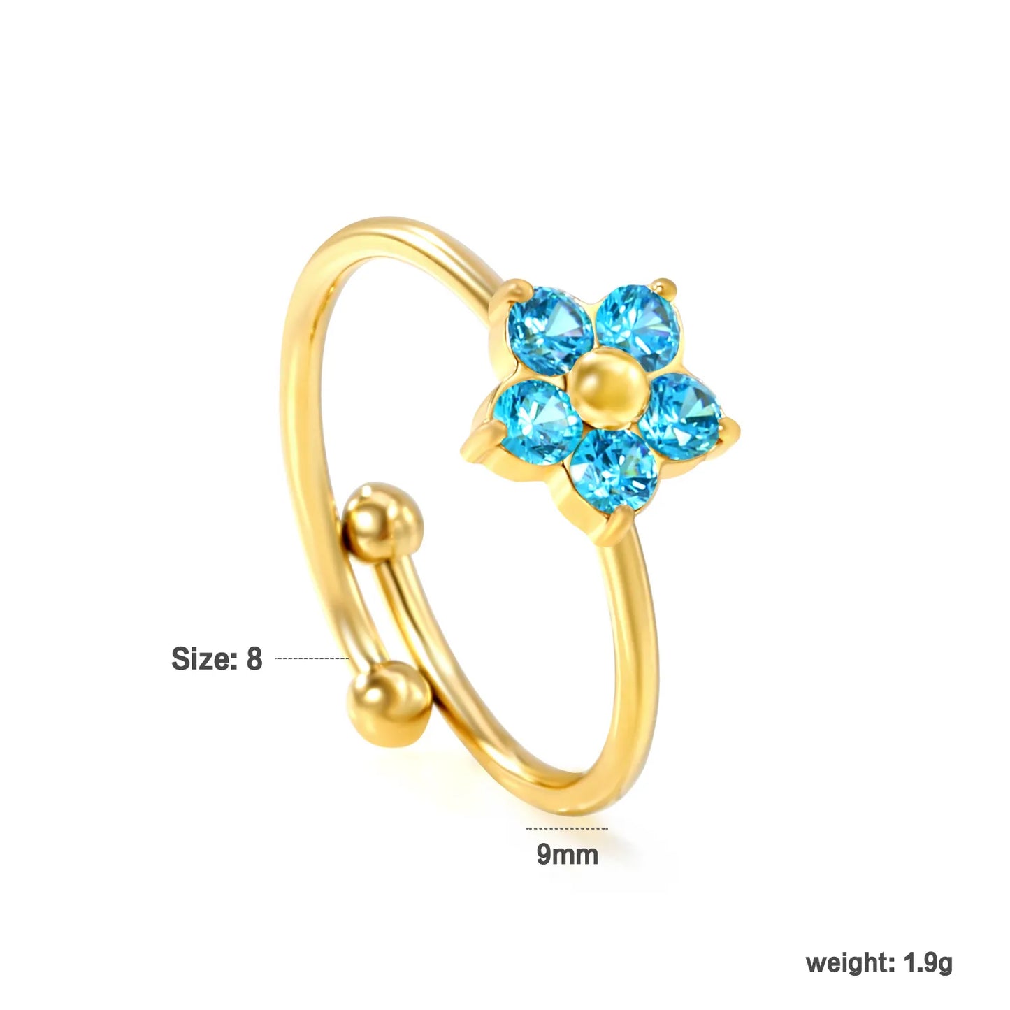 💎 Bulk 9mm Blue Zircon Ring | Gold Adjustable Stainless Steel Band