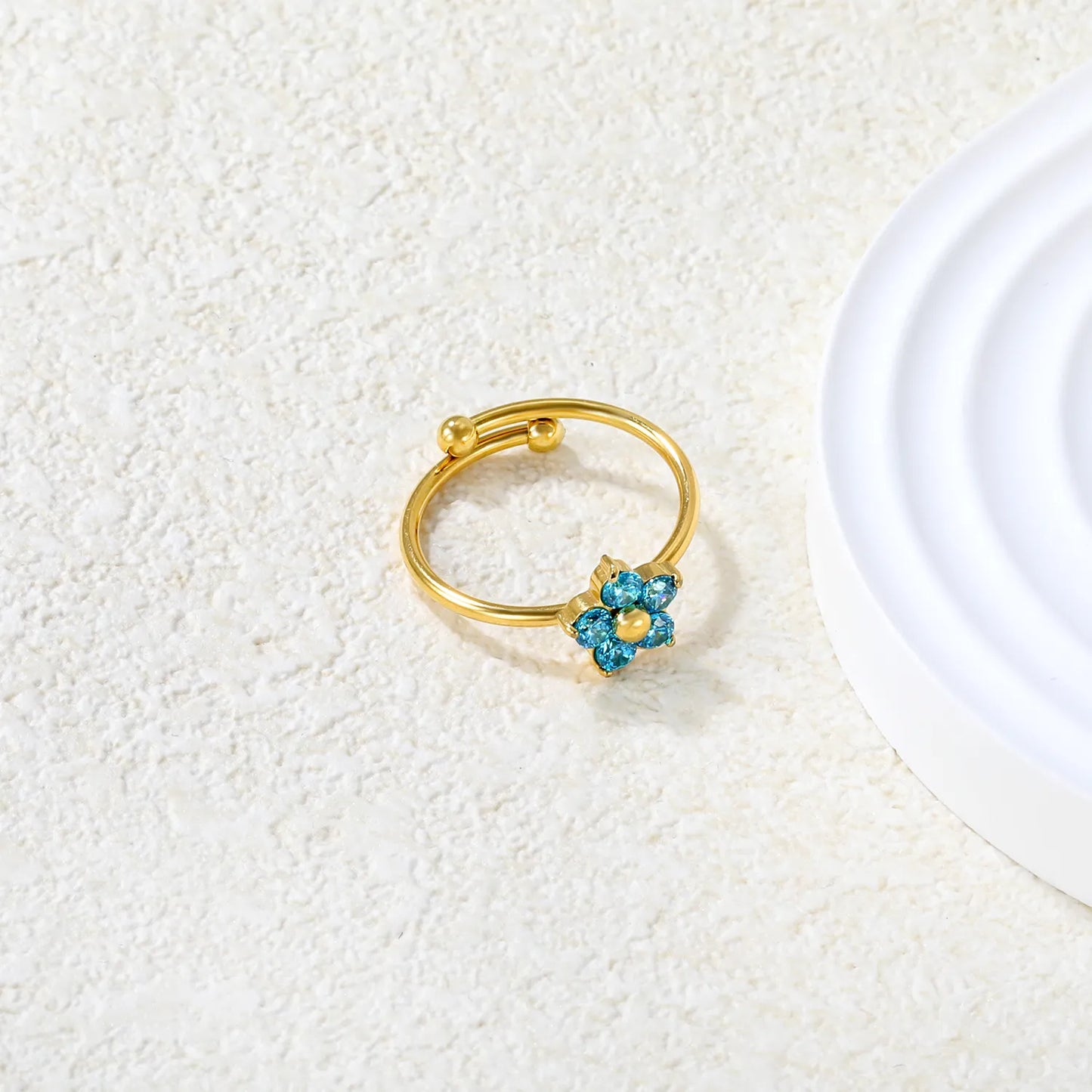 💎 Bulk 9mm Blue Zircon Ring | Gold Adjustable Stainless Steel Band