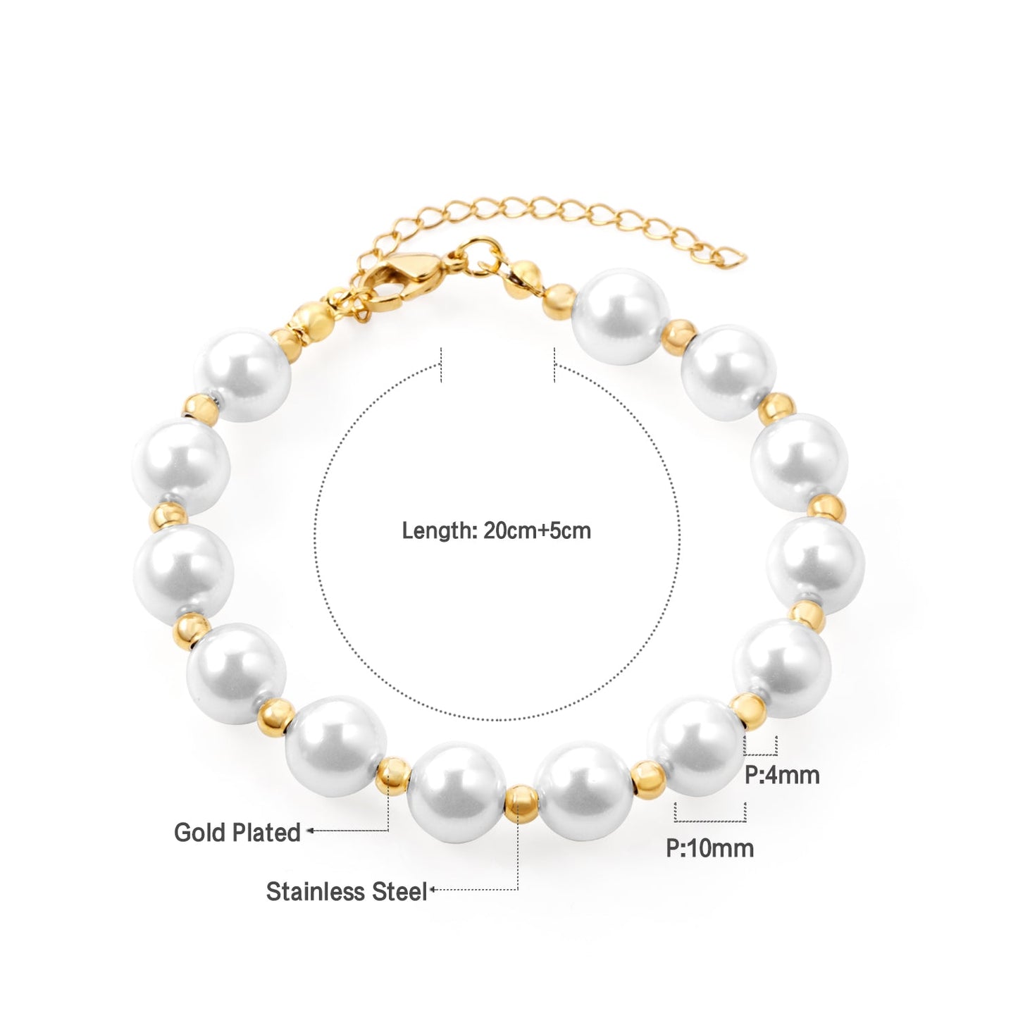 Steel and Gold Pearls with Steel Beads Bracelet 10mm 20+5cm