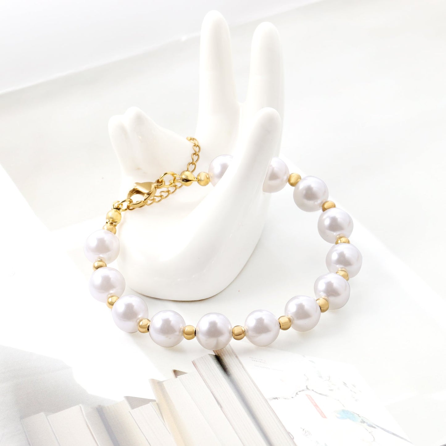Steel and Gold Pearls with Steel Beads Bracelet 10mm 20+5cm