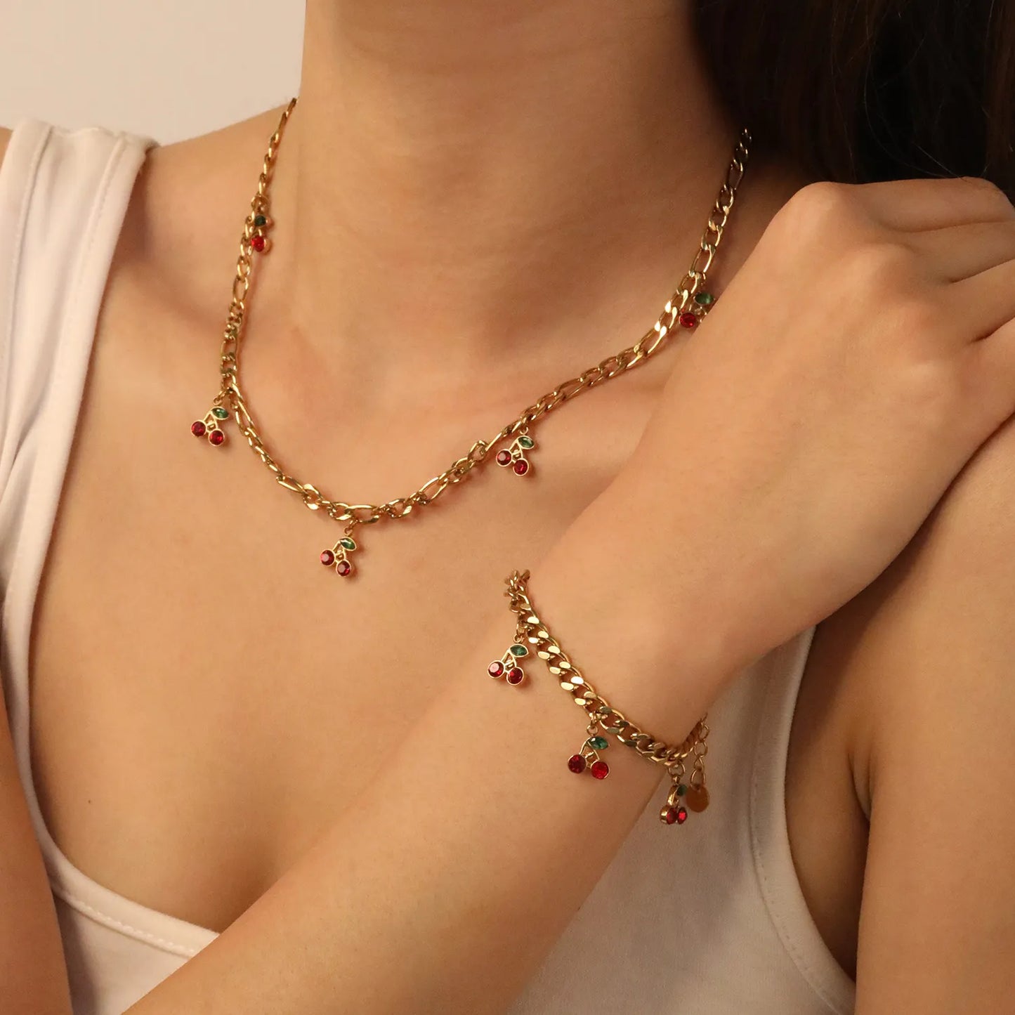 ✨Wholesale Gold Cherry Charm Necklace | 8.6x10.5mm Stainless Steel Pendant | 40+5cm Chain + 6mm Tag | Bulk Jewelry