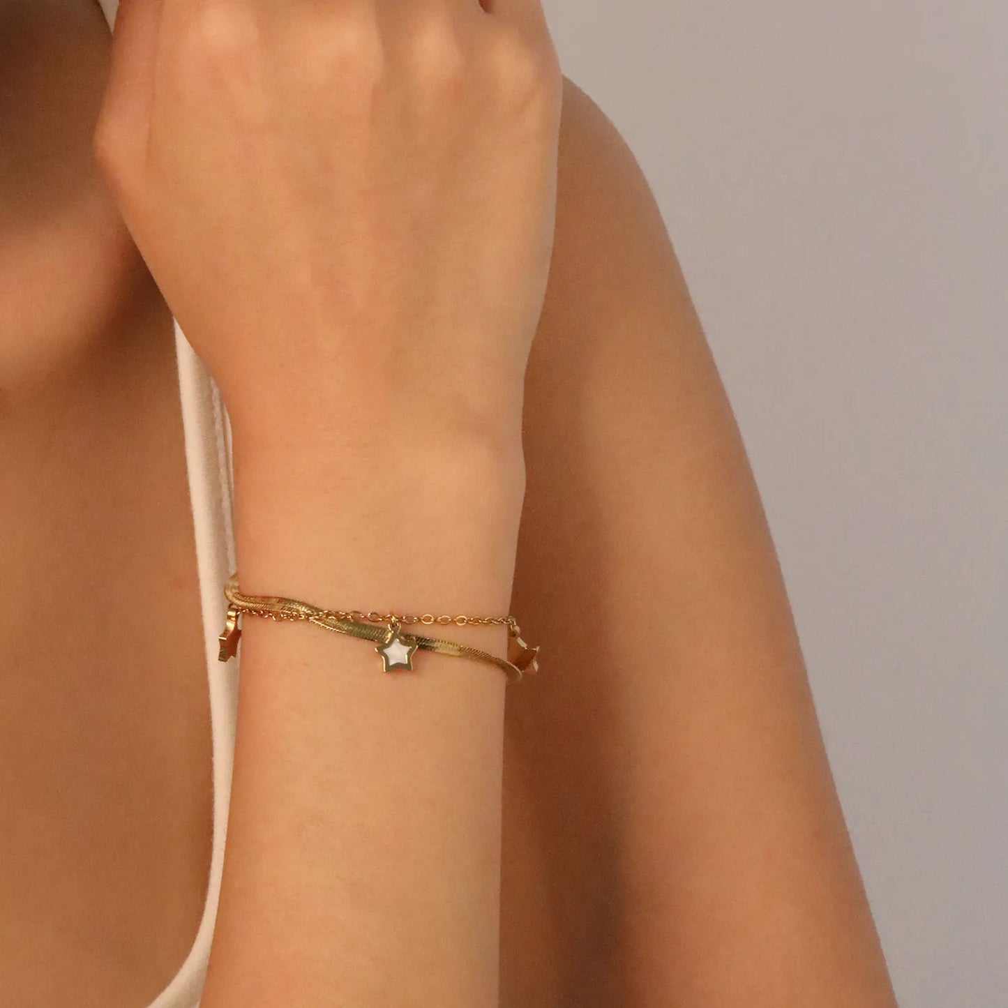 ✨ Wholesale Dual-Layer Star Chain Bracelet | 7.2+9mm Charm 16+5cm | Gold Stainless Steel