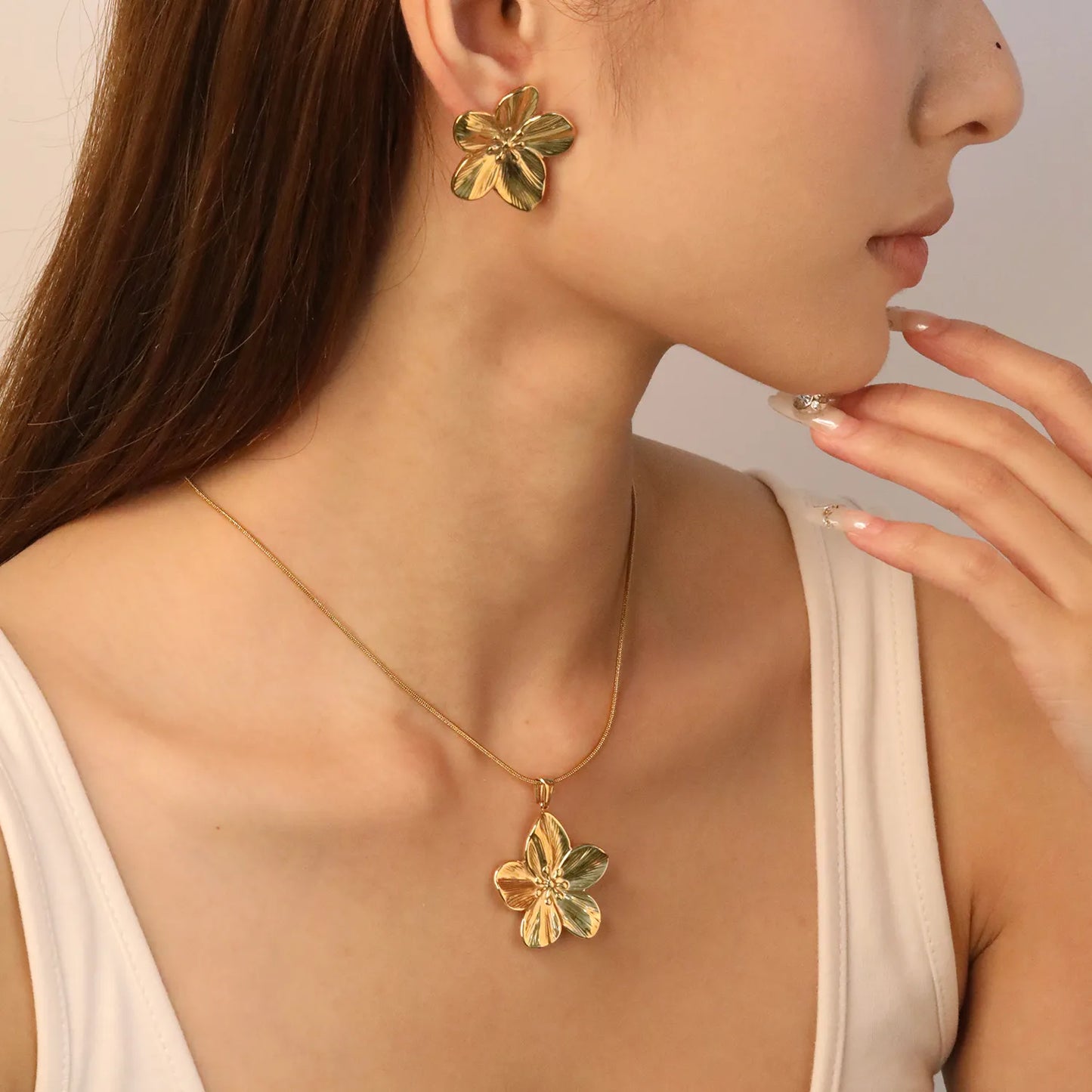 ✨ Wholesale Floral Set: 31x33mm Earrings + 30.9x32.2mm Pendant w/ Snake Chain | Steel/Gold | Hypoallergenic