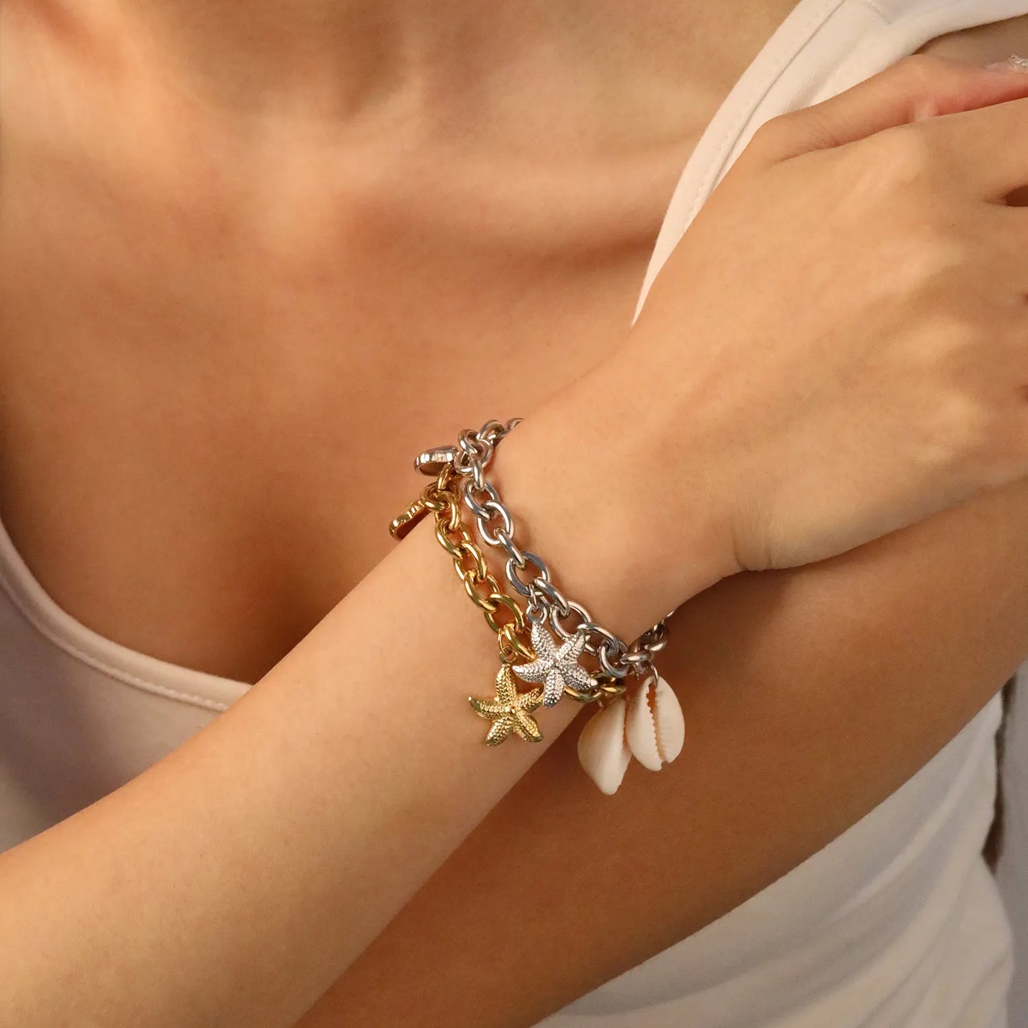 🌊Ocean Charm Bracelet Set Starfish+Scallop+Shell Charms | Stainless Steel Silver/Gold Chain 17+3cm | Wholesale Coastal Jewelry