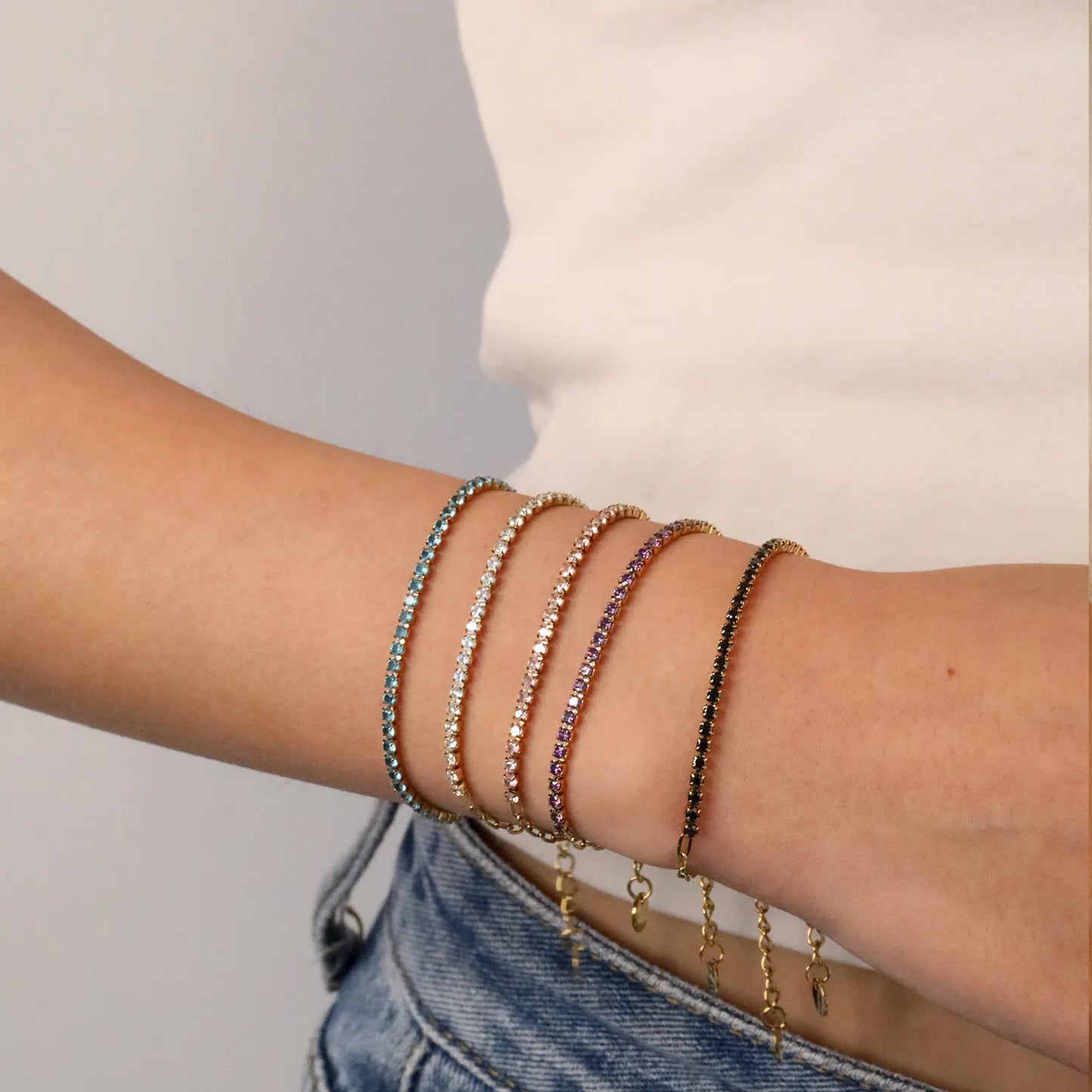 ✨2mm Round Prong-Set Zirconia Bracelet 5-Color Mix | Gold Stainless Steel 18+3cm Chain | Wholesale Stackable Jewelry