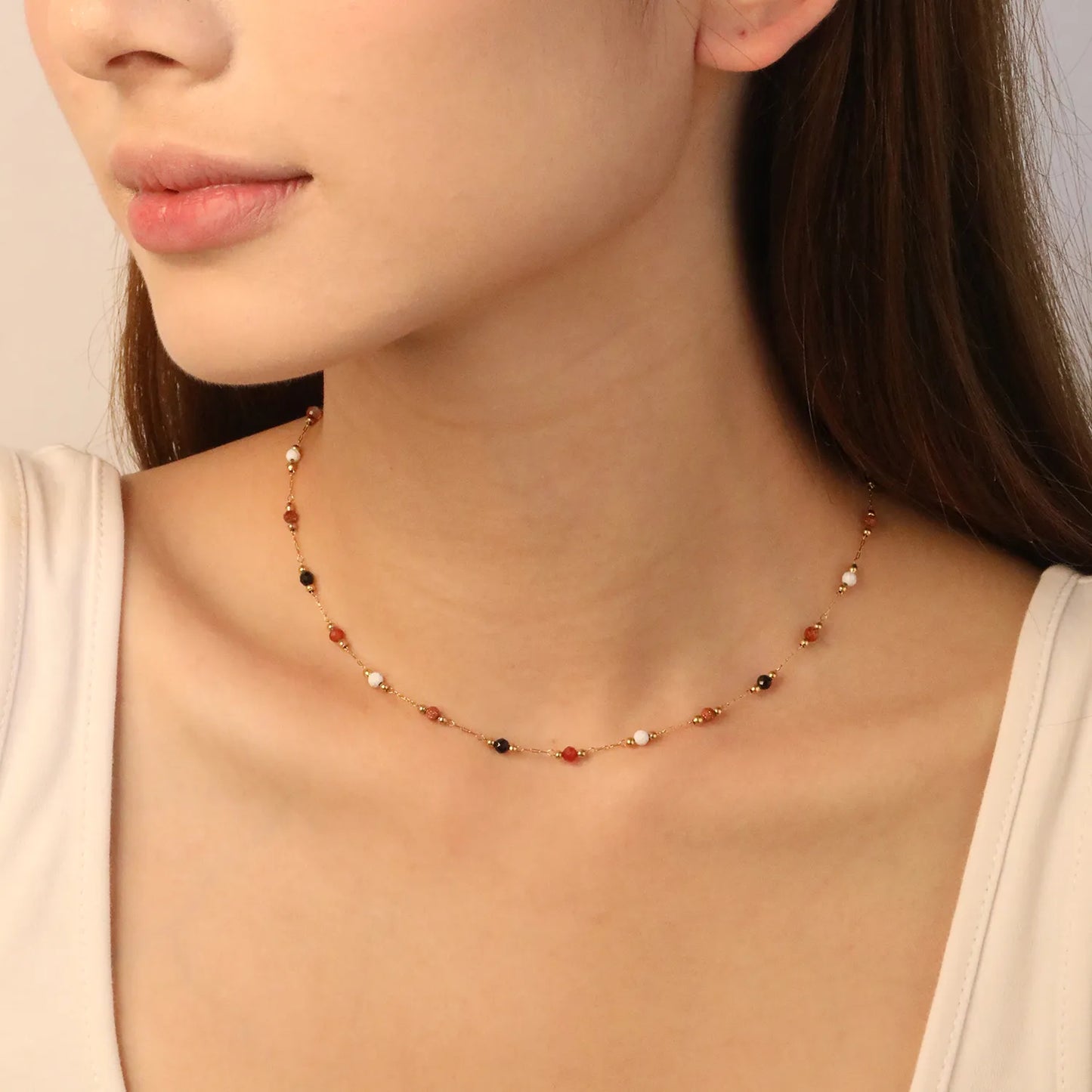 ✨ Wholesale Gold Beaded Necklace w/ 2mm Steel Beads + 3.2mm Stones & 10x3mm Tag | 40+5cm | Stainless Steel