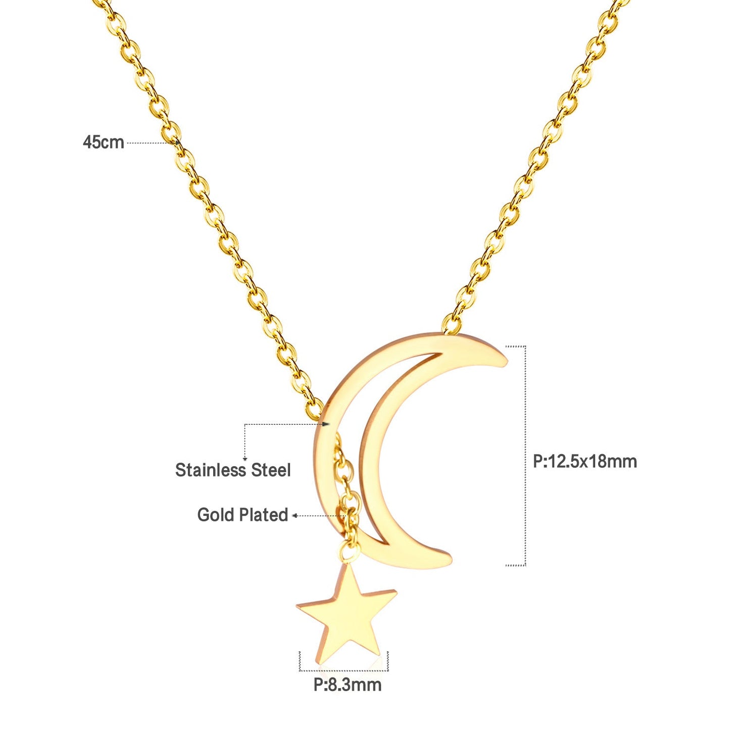 Asonjewelry Fashion Gold Moon and Star Pendant Necklaces Stainless Steel Korean Style Chain Link for Women Party Jewelry Gift