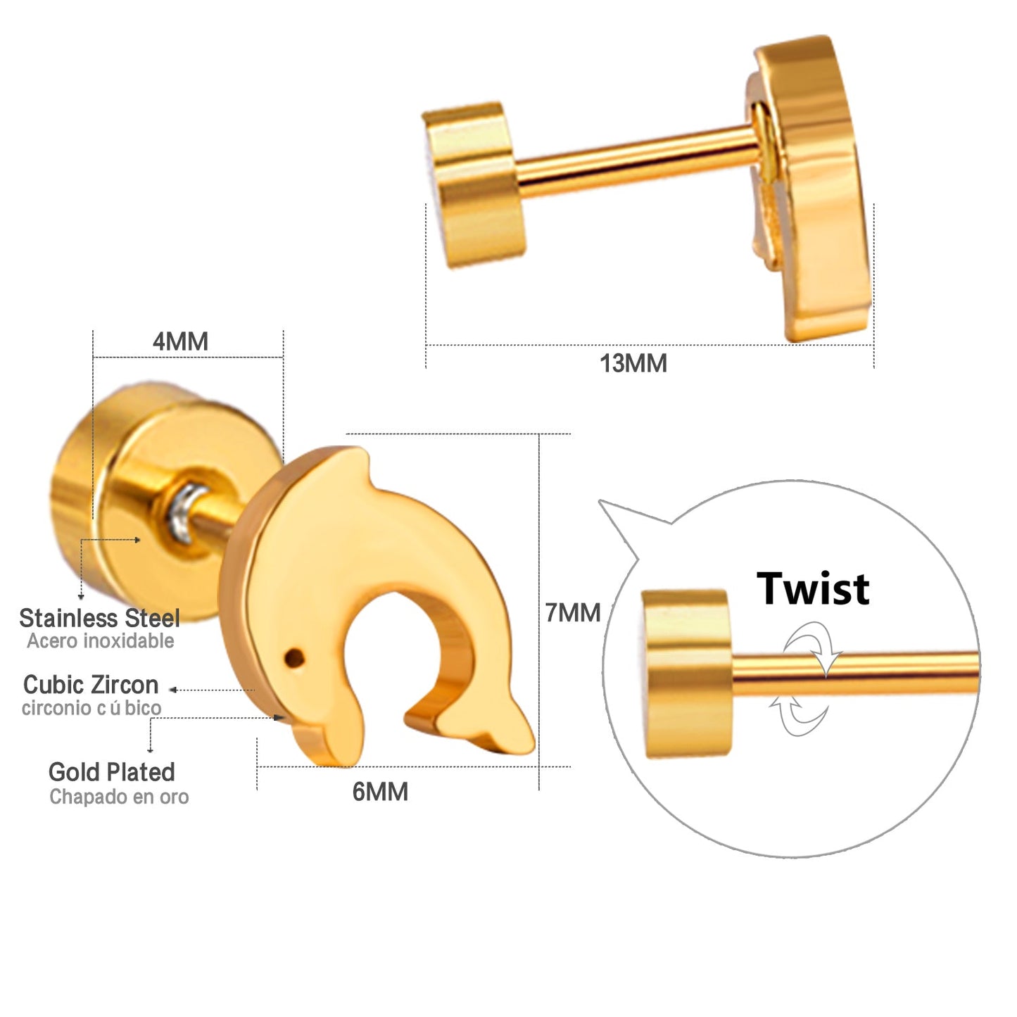 12 pairs Dolphin Shape Steel Goldtone Screwback Stud Earrings