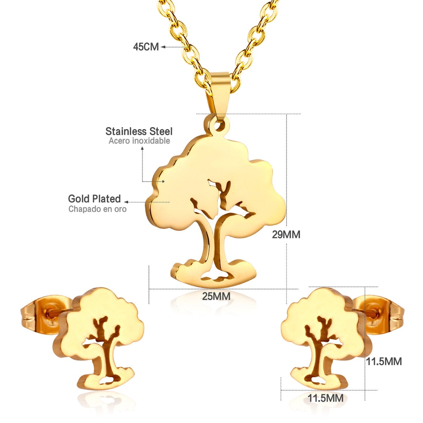 Steel/golden hollow faceted large tree cut jewelry set without diamonds