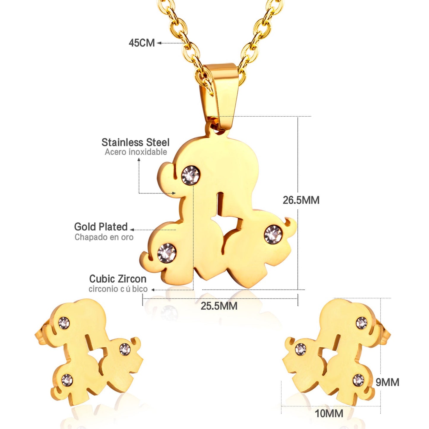 Steel/Gold Two Puppies Faceted Cut Jewelry Set with Diamonds
