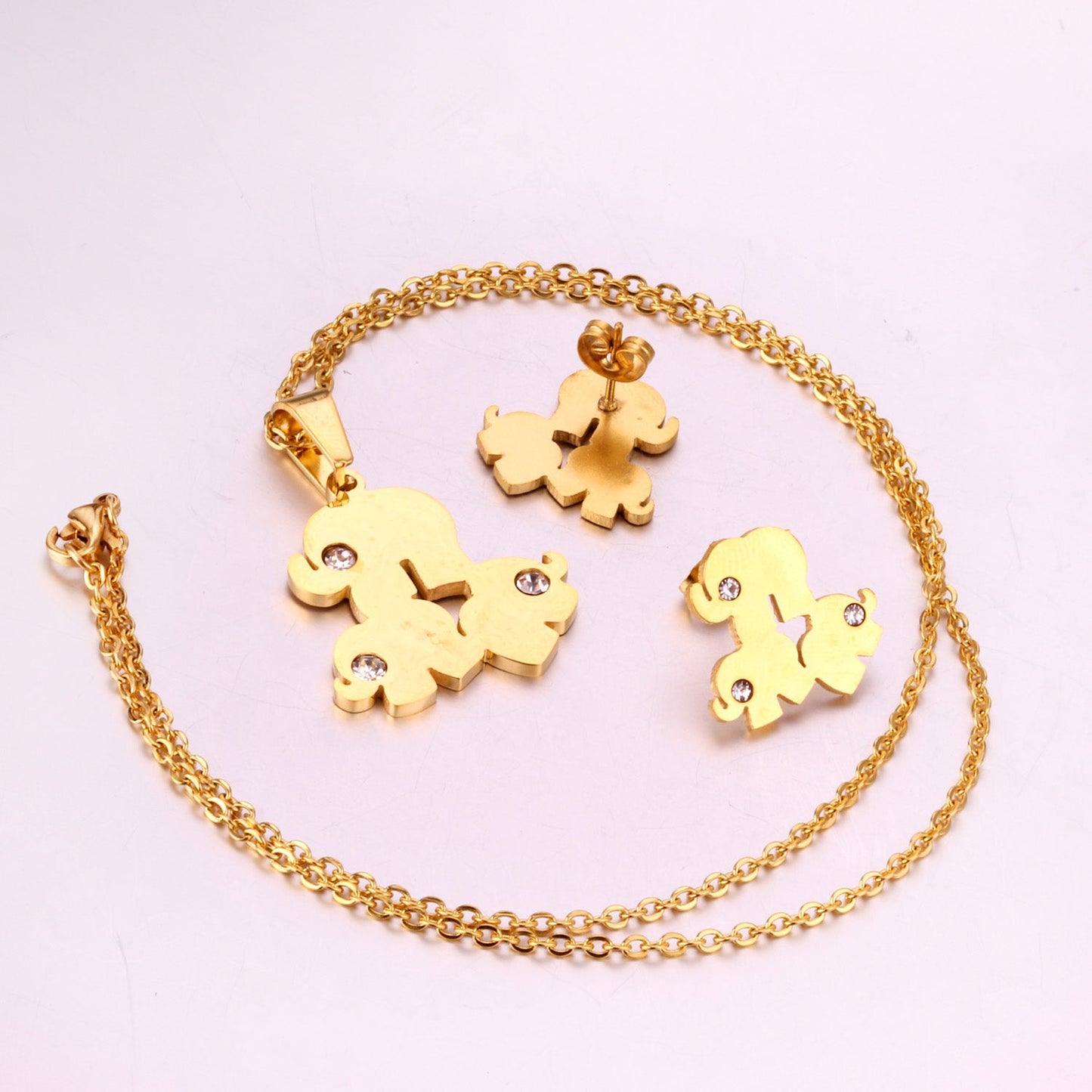 Steel/Gold Two Puppies Faceted Cut Jewelry Set with Diamonds