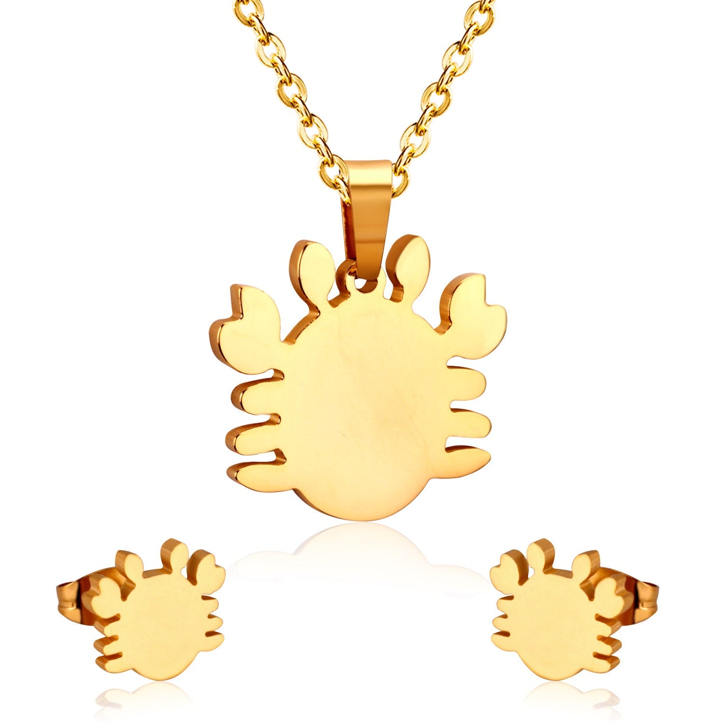 Steel/gold faceted crab cut jewelry set without diamonds