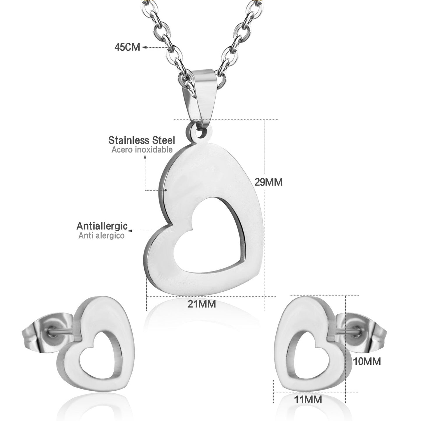 Steel/Gold Wispy Faceted Heart Cut Jewelry Set without Diamonds