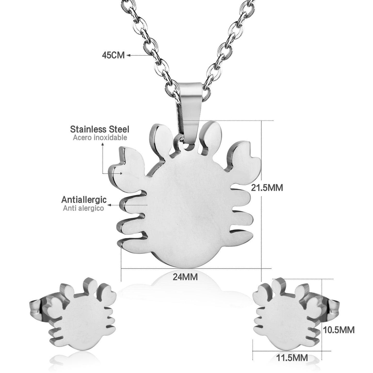Steel/gold faceted crab cut jewelry set without diamonds