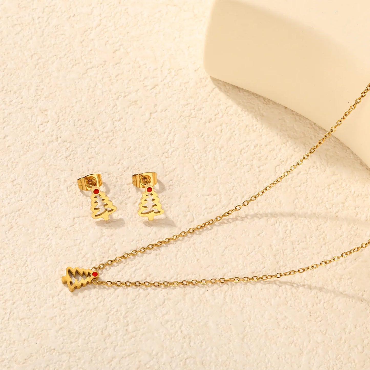 Cut‑Out Christmas Tree Jewelry Set | Enamel Necklace & Stud Earrings | 18K Gold Plated Stainless Steel Jewelry for Wholesale