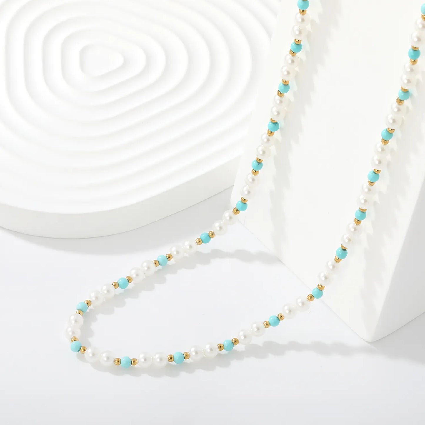 Pearl & Turquoise Beaded Strand Necklace With Gold Spacer Beads | l Boho Choker for Bulk Order