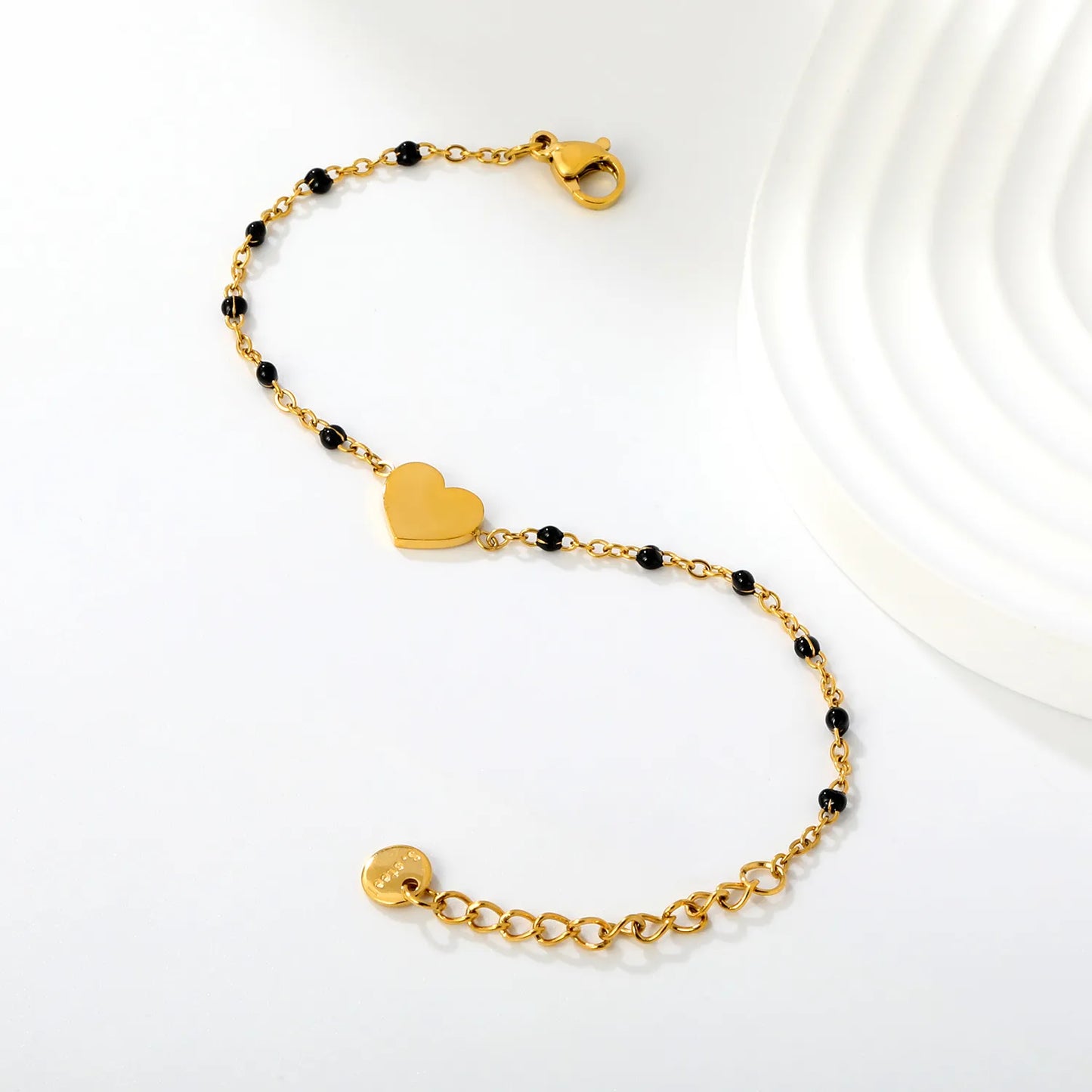 Solid Heart Enamel Station Bracelet | White/Red/Black Enamel Beads | 18K Gold Plated Stainless Steel Dainty Bracelet Wholesale