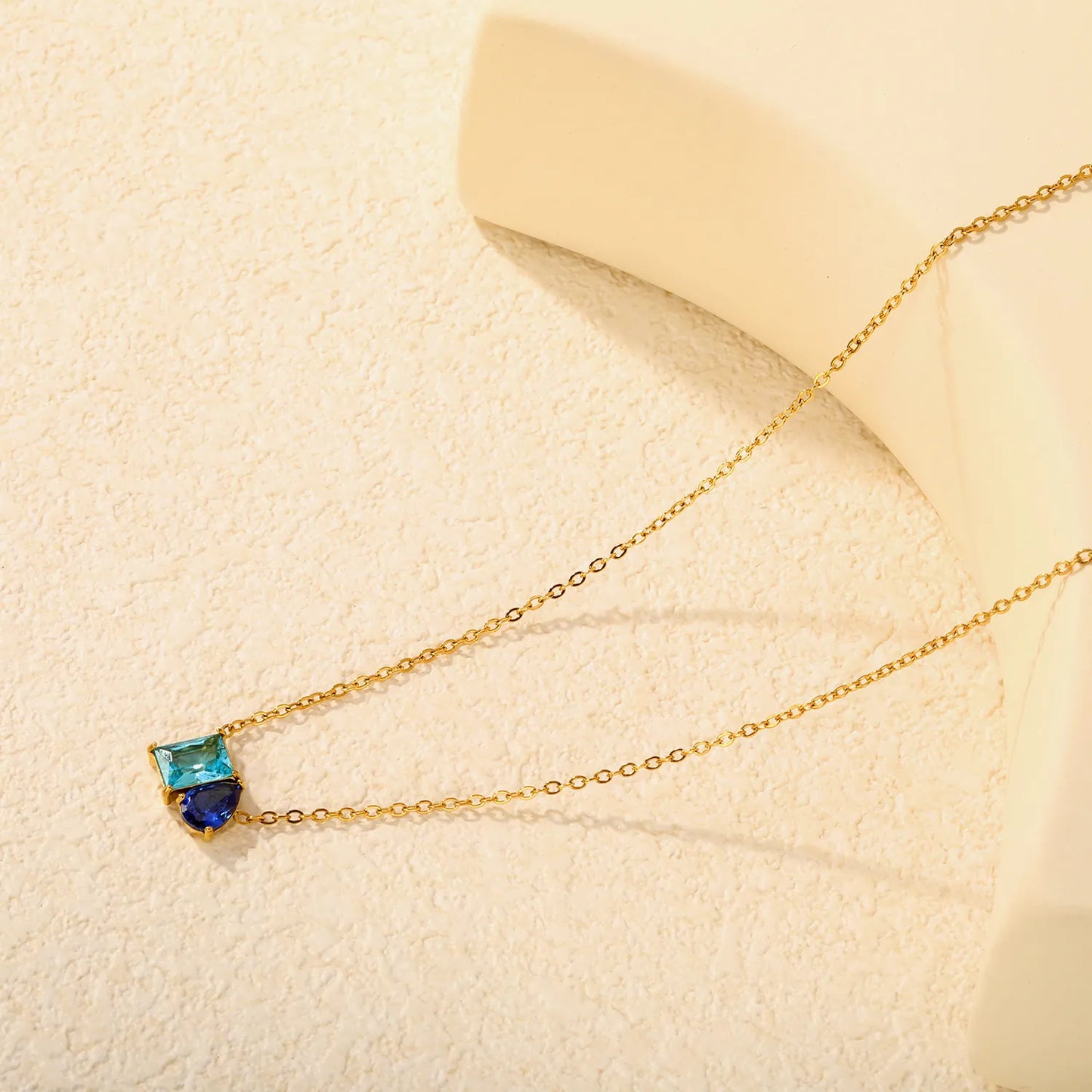 Colorful CZ Dainty Mixed‑Shape Two‑Stone Pendant Necklace | 18K Gold Plated Stainless Steel | MOQ 12
