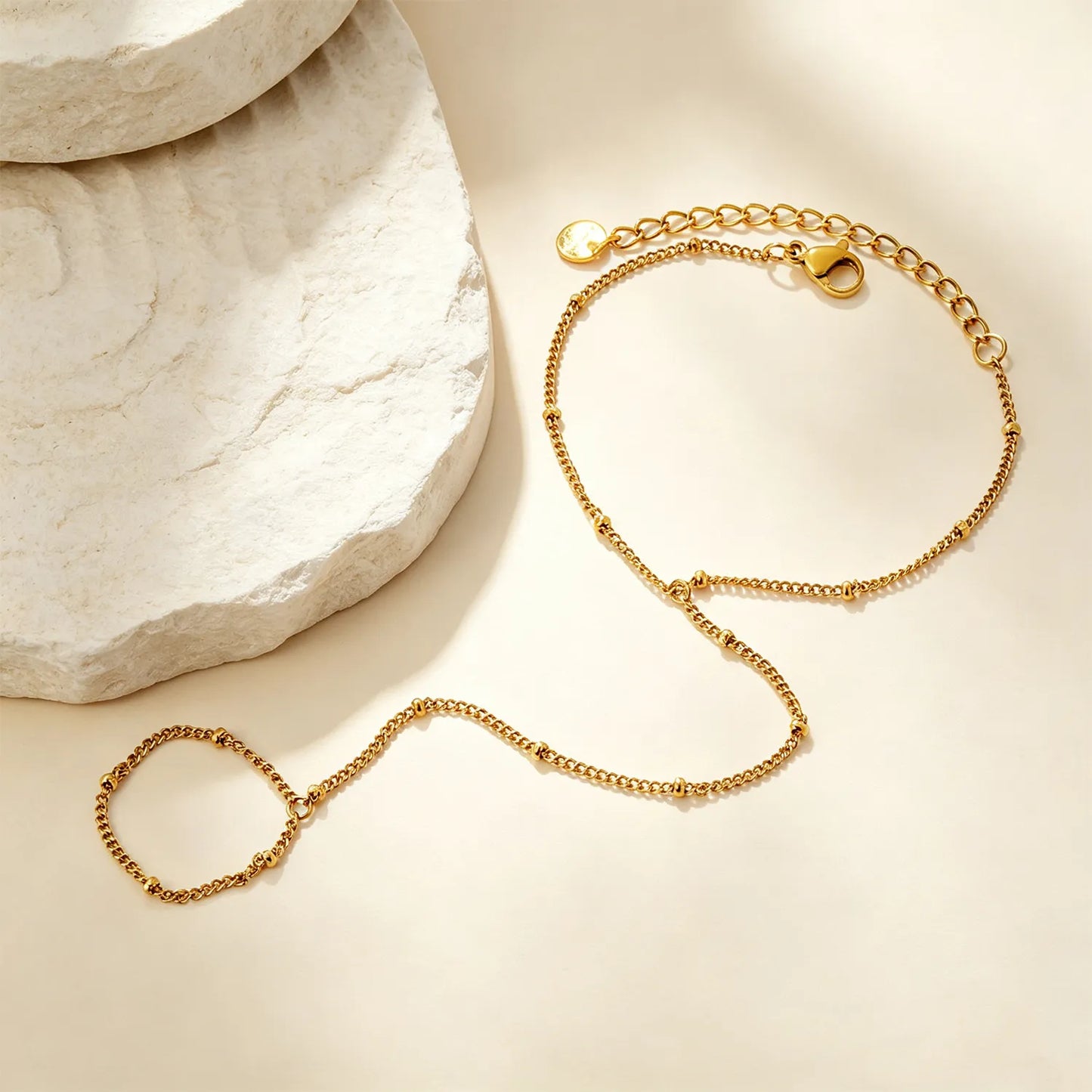 Minimal 18K Gold Plated Stainless Steel Beaded Station Hand Chain for Wholesale