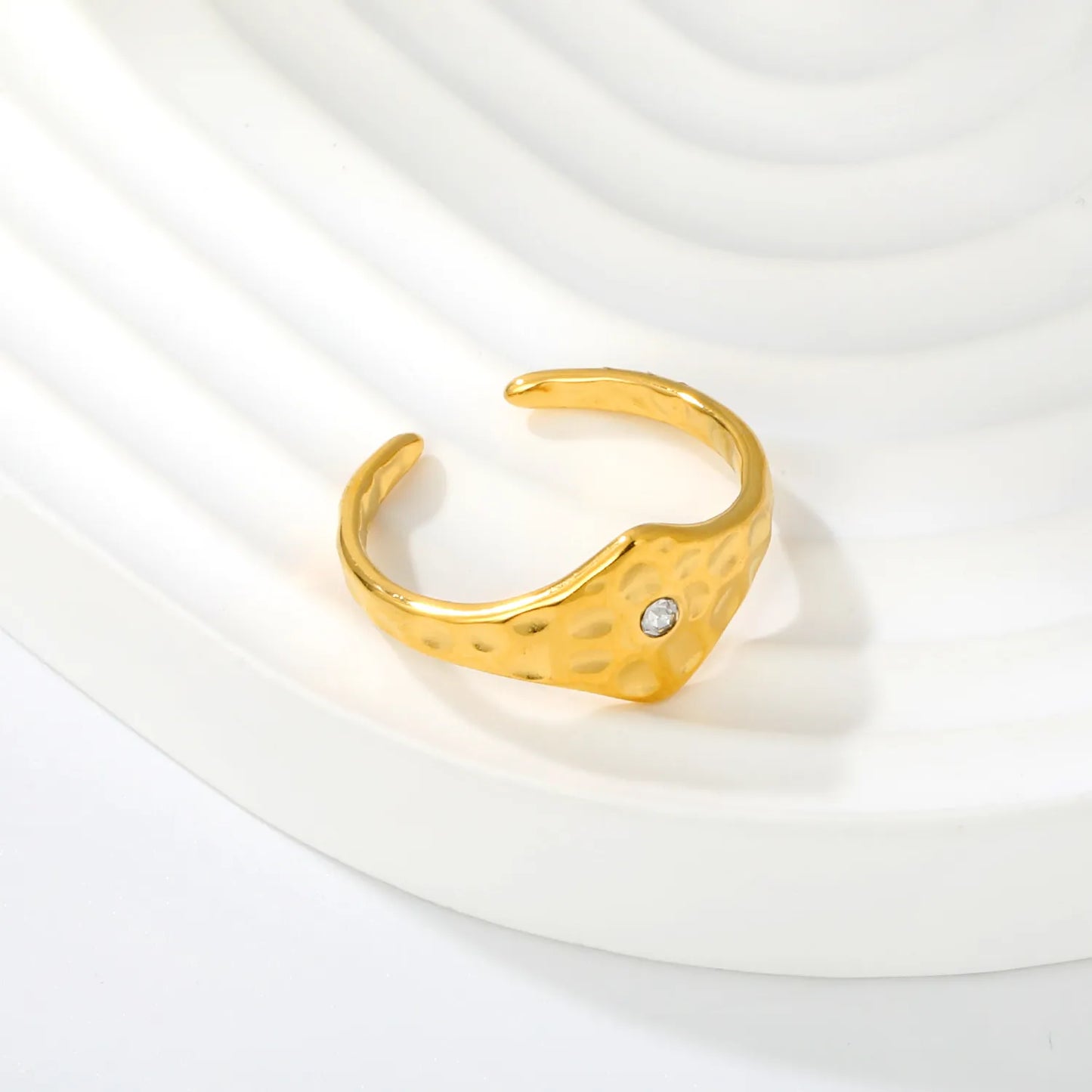 Hammered Hexagon Crystal Open Ring | 18K Gold Plated Stainless Steel Adjustable Band for Wholesale