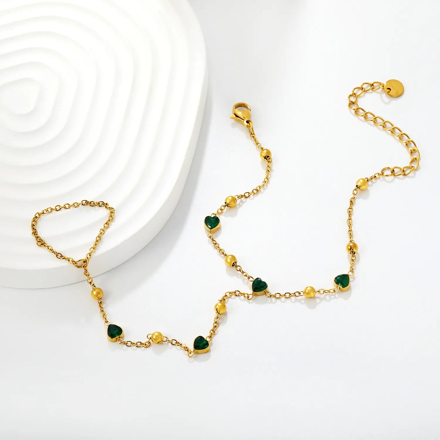 18K Gold Plated Hand Chain with Green Heart Crystals | Finger Bracelet for Wholesale | MOQ 12