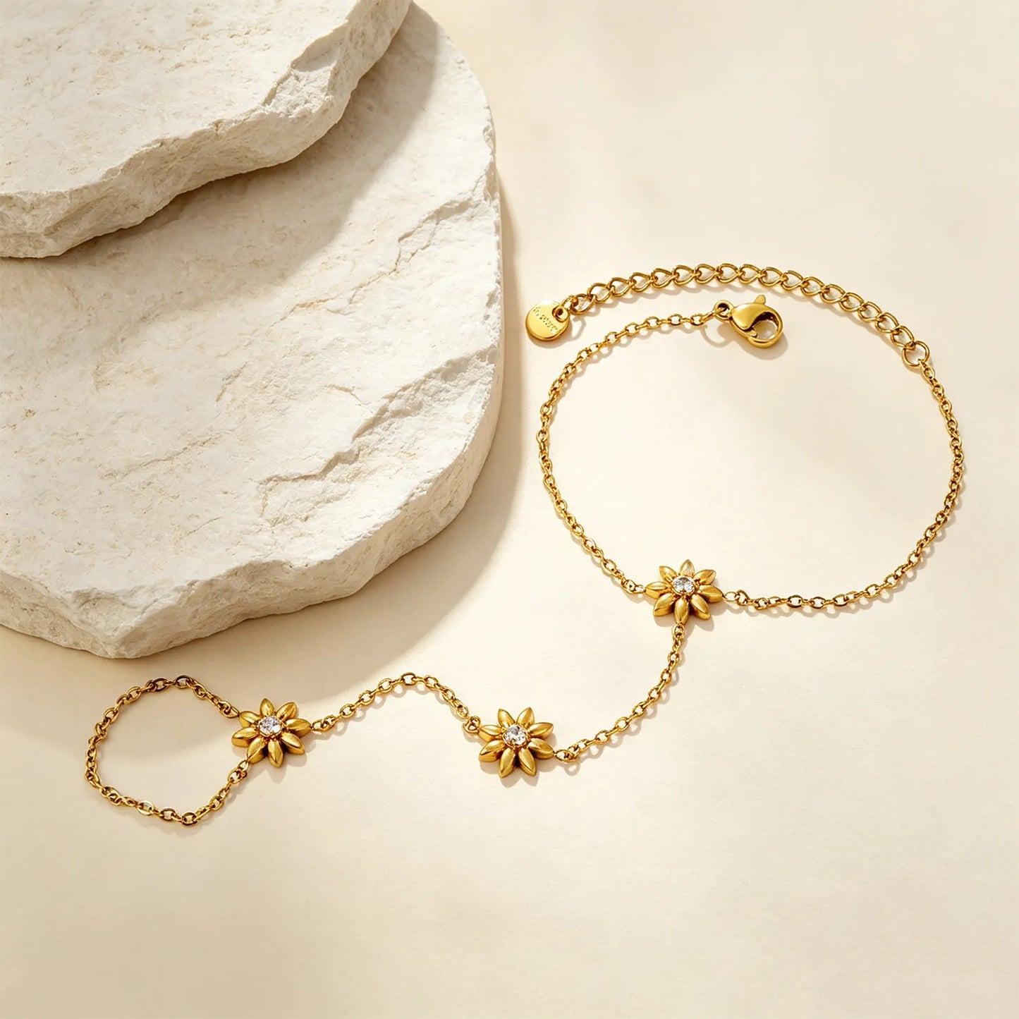Crystal‑Center Flower Hand Chain Set | Wholesale 18K Gold Plated Stainless Steel MOQ 12