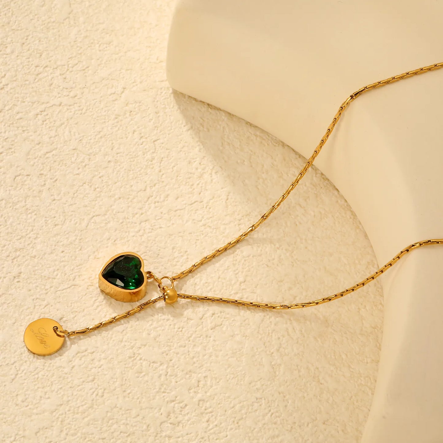 Wholesale 18K Gold Plated Emerald Heart Necklace | 46+5 cm | Bulk Order MOQ 12 | Adjustable Romantic Jewelry