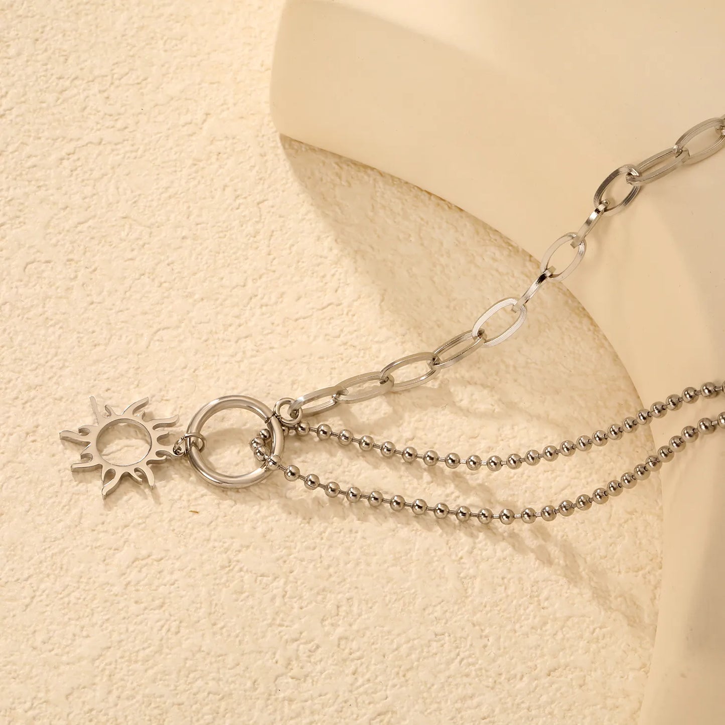 2-Layer Chain + 18mm Sun Pendant Necklace |Gold & Silver | MOQ 12 | Wholesale Bulk Order | N:40+5cm Adjustable Jewelry
