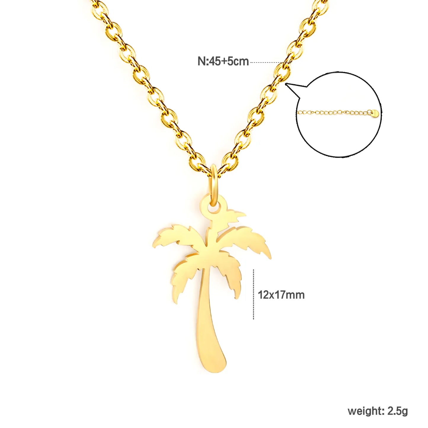 Wholesale Gold/Silver Palm Tree Pendant Necklace (12x17mm) | 18K Plated Stainless Steel Jewelry | N:45+5cm Adjustable Necklace