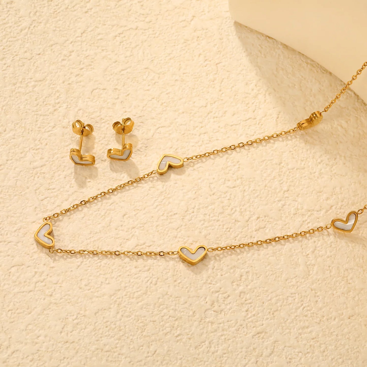 Wholesale Bulk Order 42+5cm Gold White Heart Necklace & Earring Set | MOQ 12 | 18K Gold Plated Jewelry Set