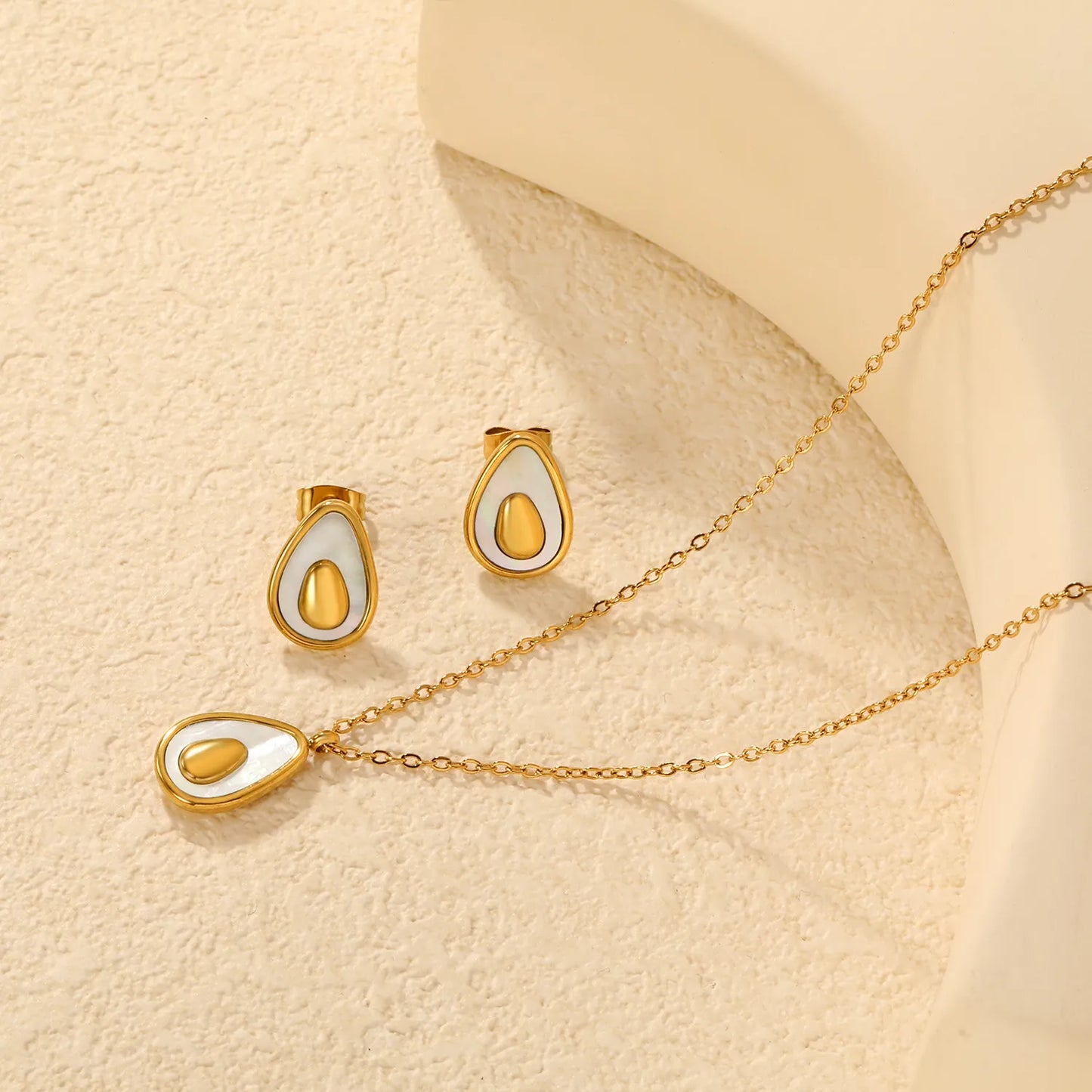 Avocado Enamel Necklace & Earring Set | Wholesale Bulk Order | 40+5cm | 18K Gold Plated| MOQ 12 | Stainless Steel Jewelry Set