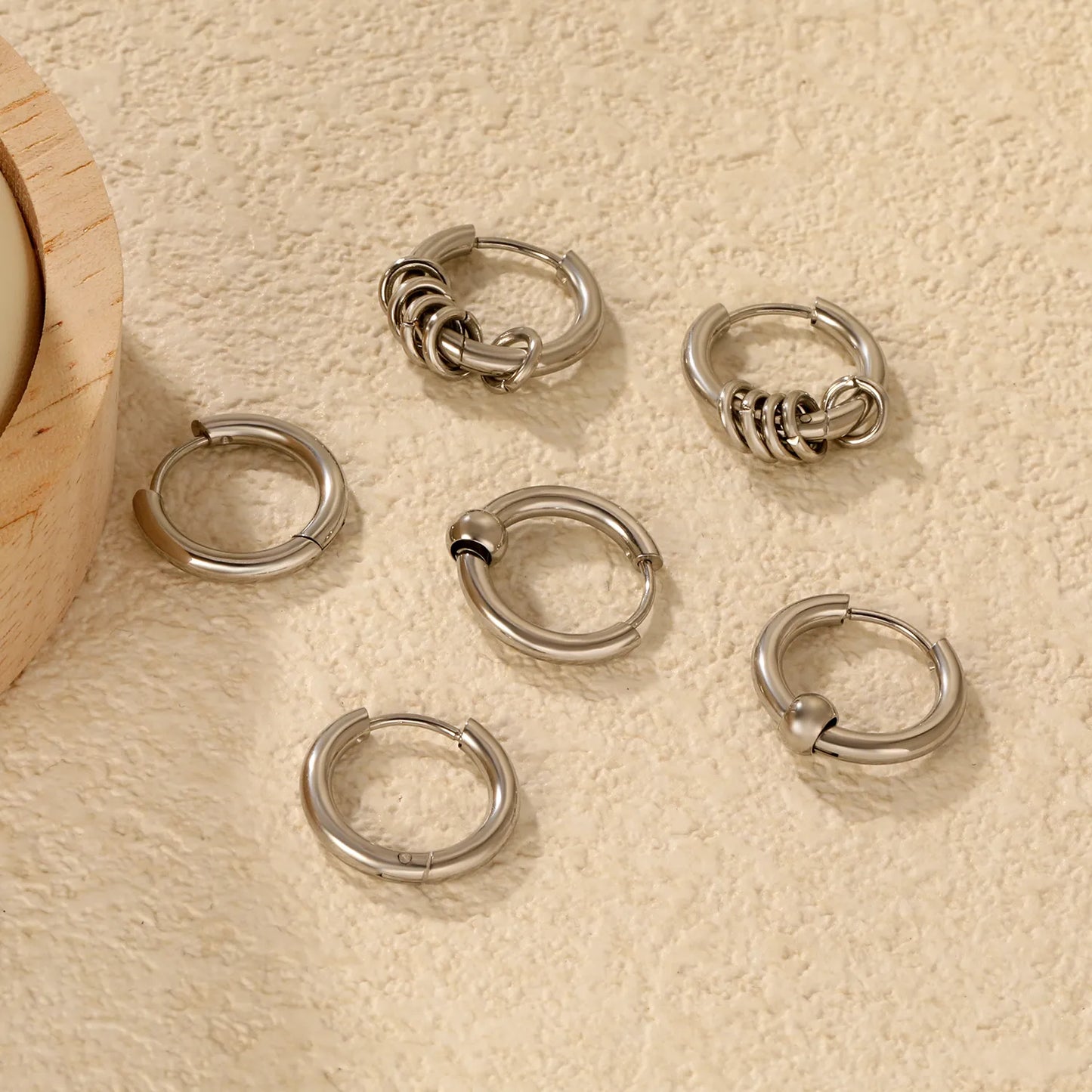 Wholesale 12mm 3-Style Silver Hoop Earrings Set | Hypoallergenic Stainless Steel | Minimalist & Layered Design Jewelry
