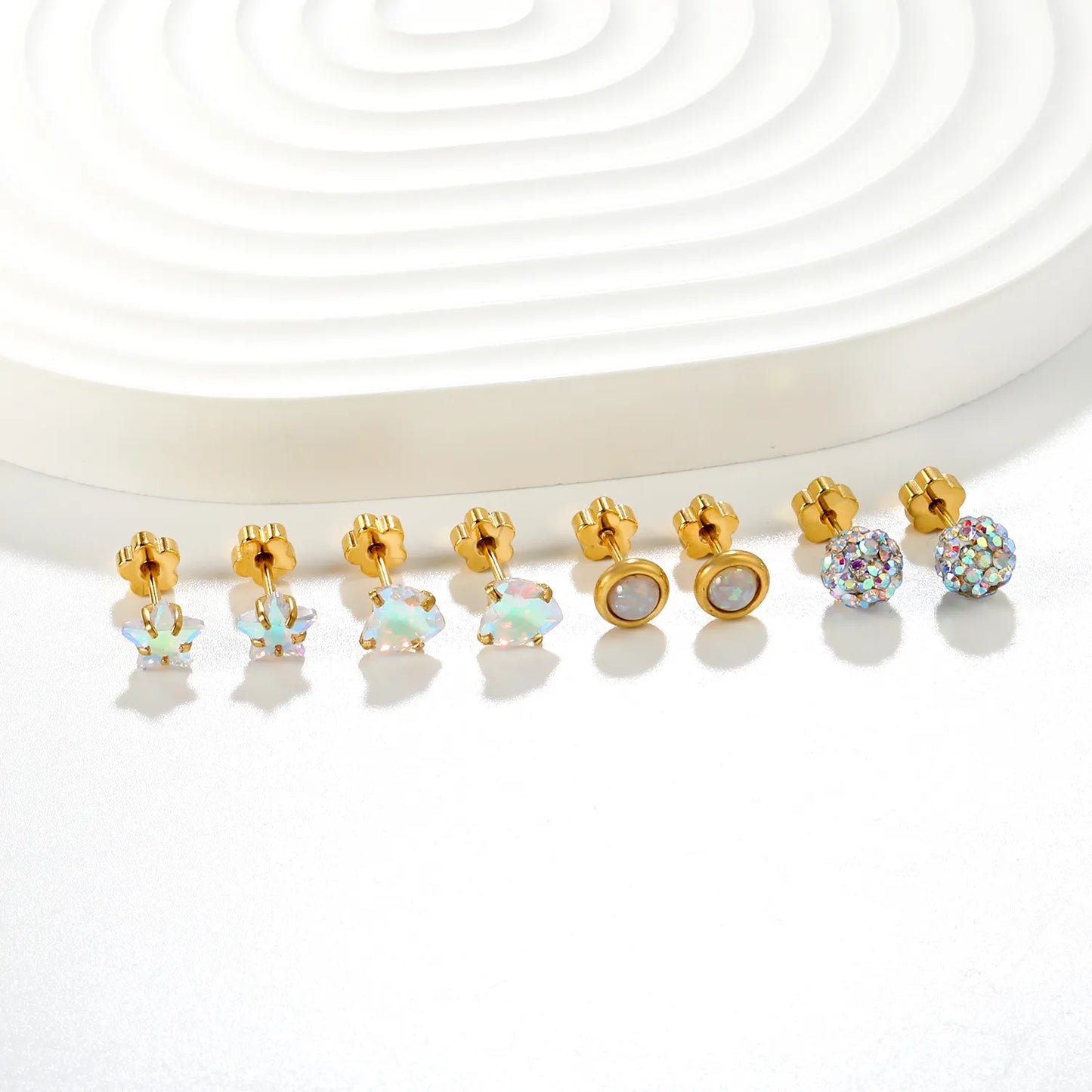 Wholesale 6mm 4-Style Opal Accent Gold Stud Earrings Set | 18K Gold Plated | Hypoallergenic Stainless Steel Jewelry